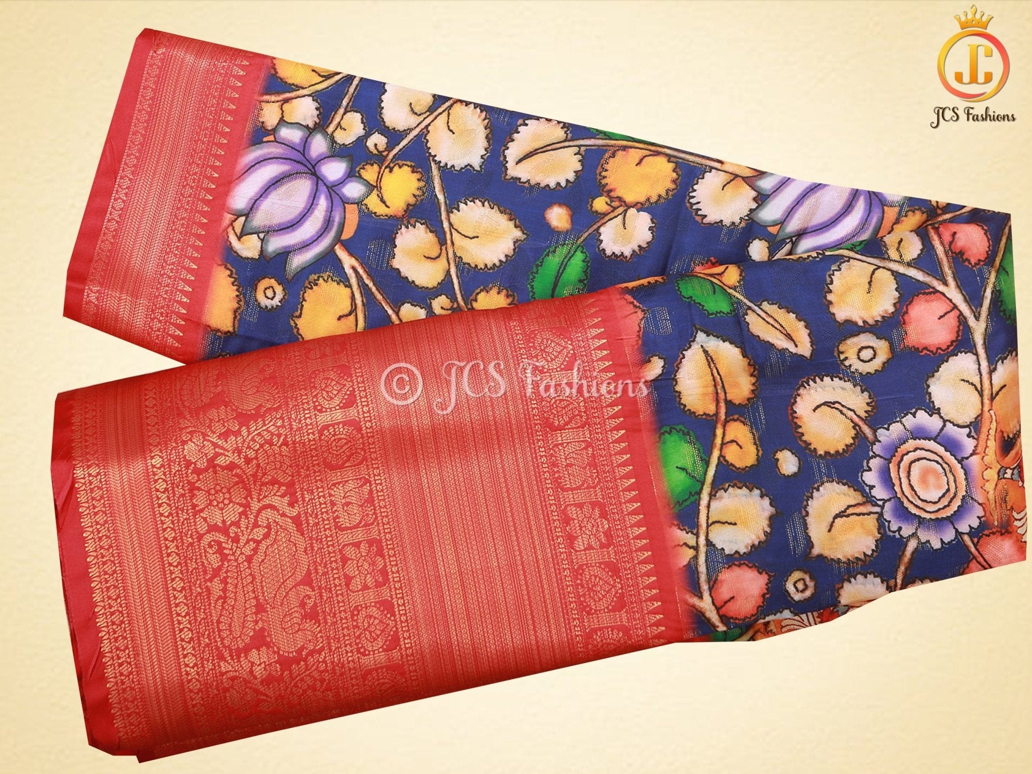 Kalamkari Saree With Kanchipuram Zari Border - Blue SAREE JCS Fashions Blue 5.5 meters