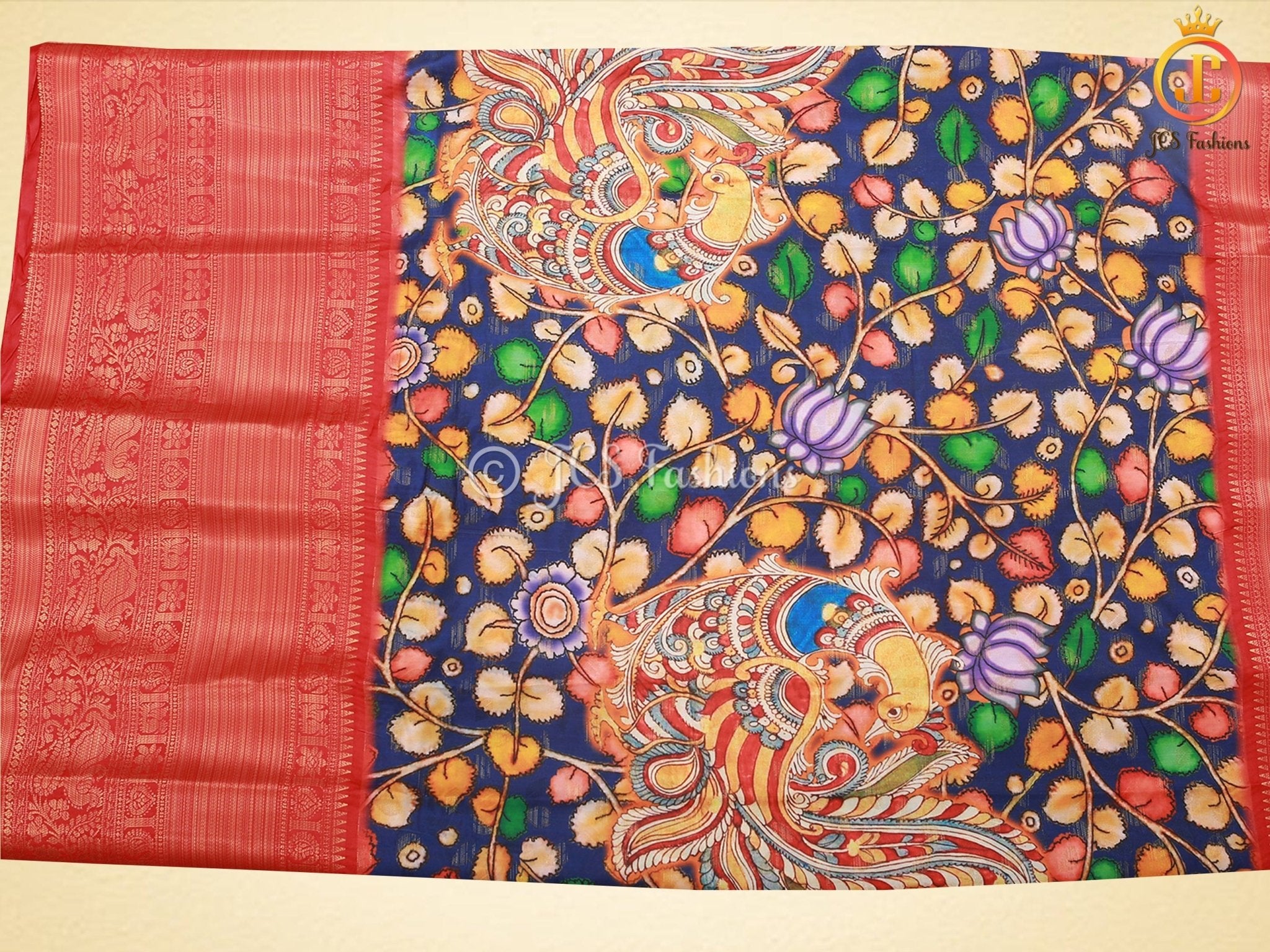 Kalamkari Saree With Kanchipuram Zari Border - Blue SAREE JCS Fashions