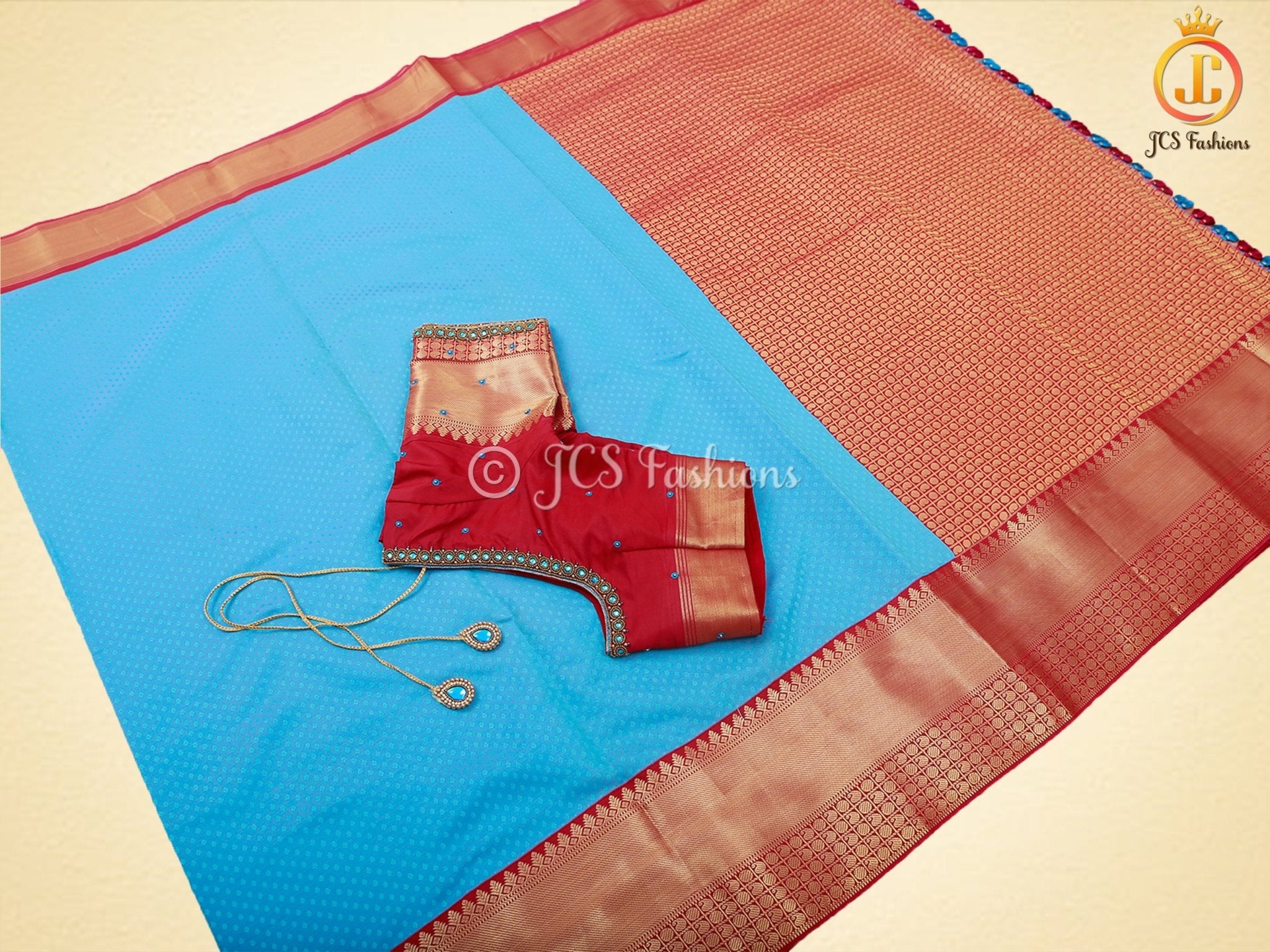 Kanchipuram Blended Silk Saree With Fully Stitched Maggam Work Blouse SAREE JCS Fashions