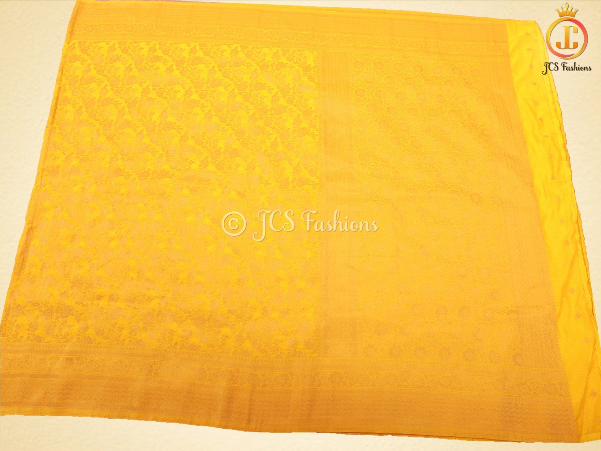Khadi Georgette Saree With Fully stitched Blouse. Bright Yellow Color SAREE JCS Fashions