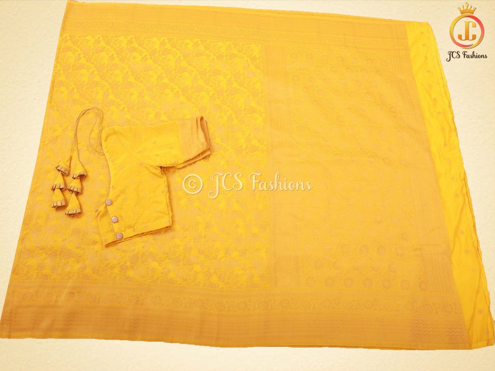Khadi Georgette Saree With Fully stitched Blouse. Bright Yellow Color SAREE JCS Fashions Yellow 5.5 meters