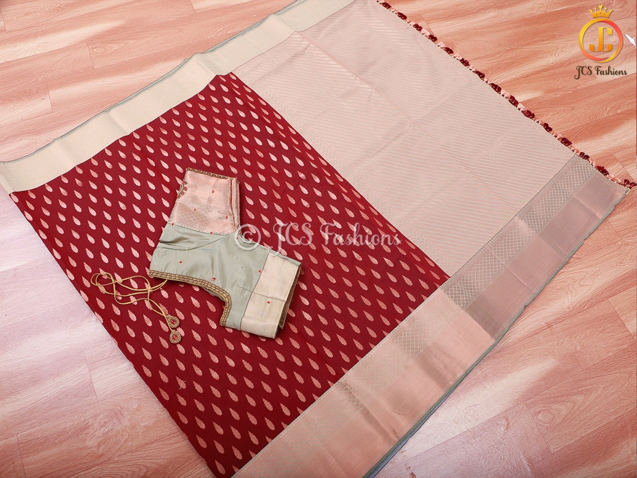 Korvai Buttas Semi Silk Saree With Maggam Work Blouse SAREE JCS Fashions 5.5 meters Maroon