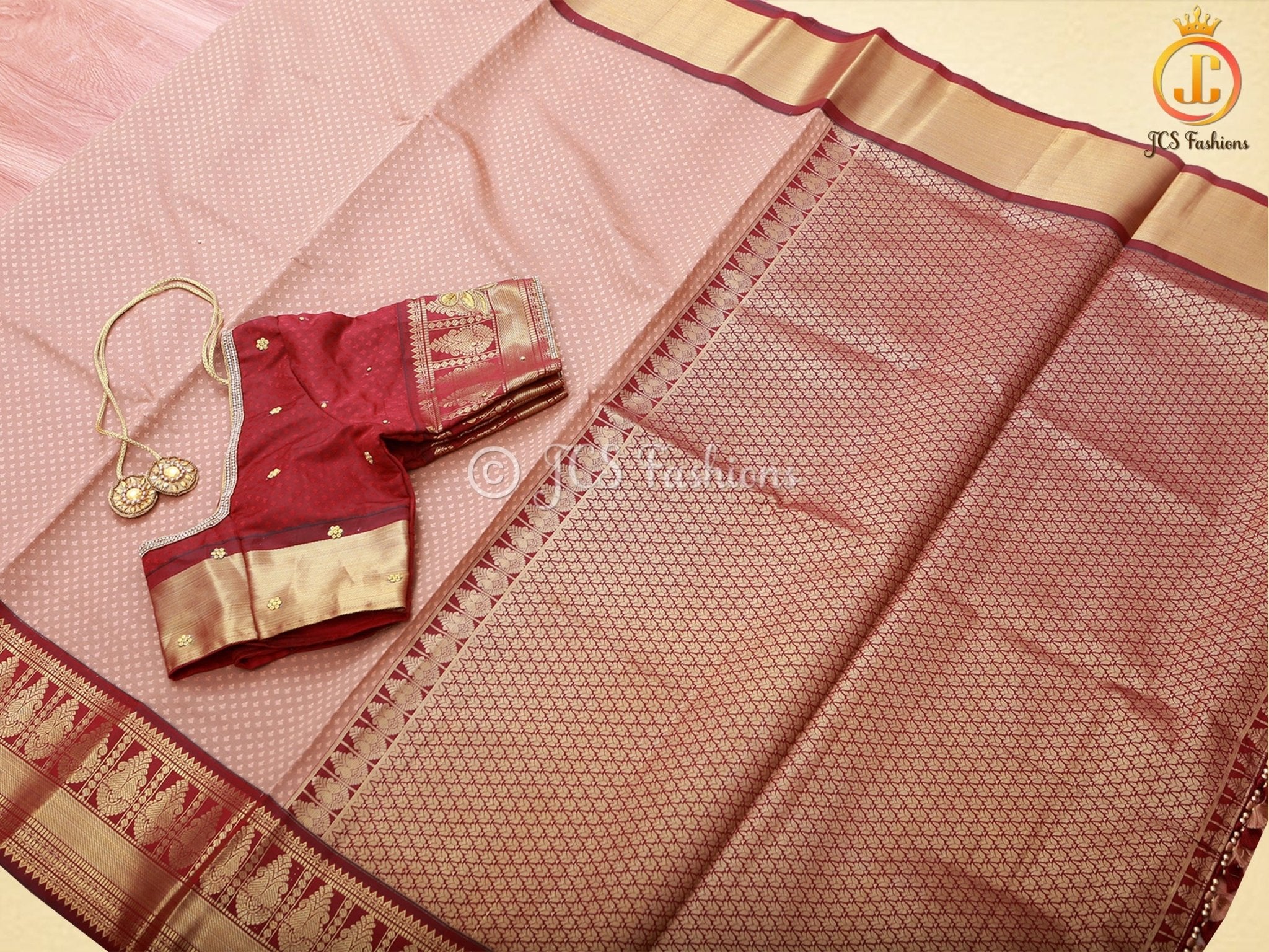 Korvai Plain Body Saree, Mustard Yellow And Brown Border With Blouse SAREE JCS Fashions Light brown 5.5 meters
