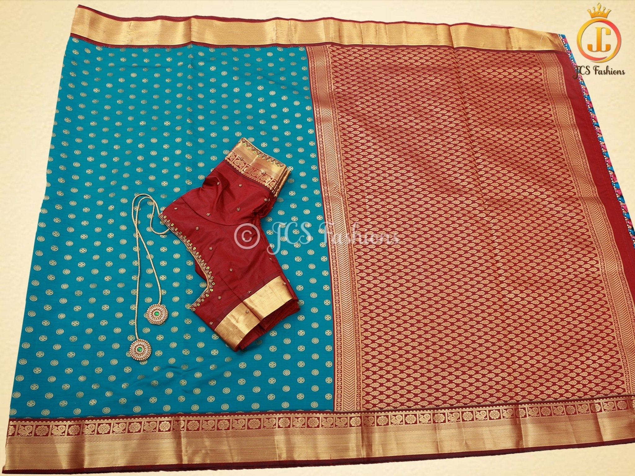 Korvai Semi Silk Saree With Maggam Work Blouse, Blue And Maroon SAREE JCS Fashions Sea Green 5.5 meters