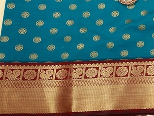 Korvai Semi Silk Saree With Maggam Work Blouse, Blue And Maroon SAREE JCS Fashions Sea Green 5.5 meters