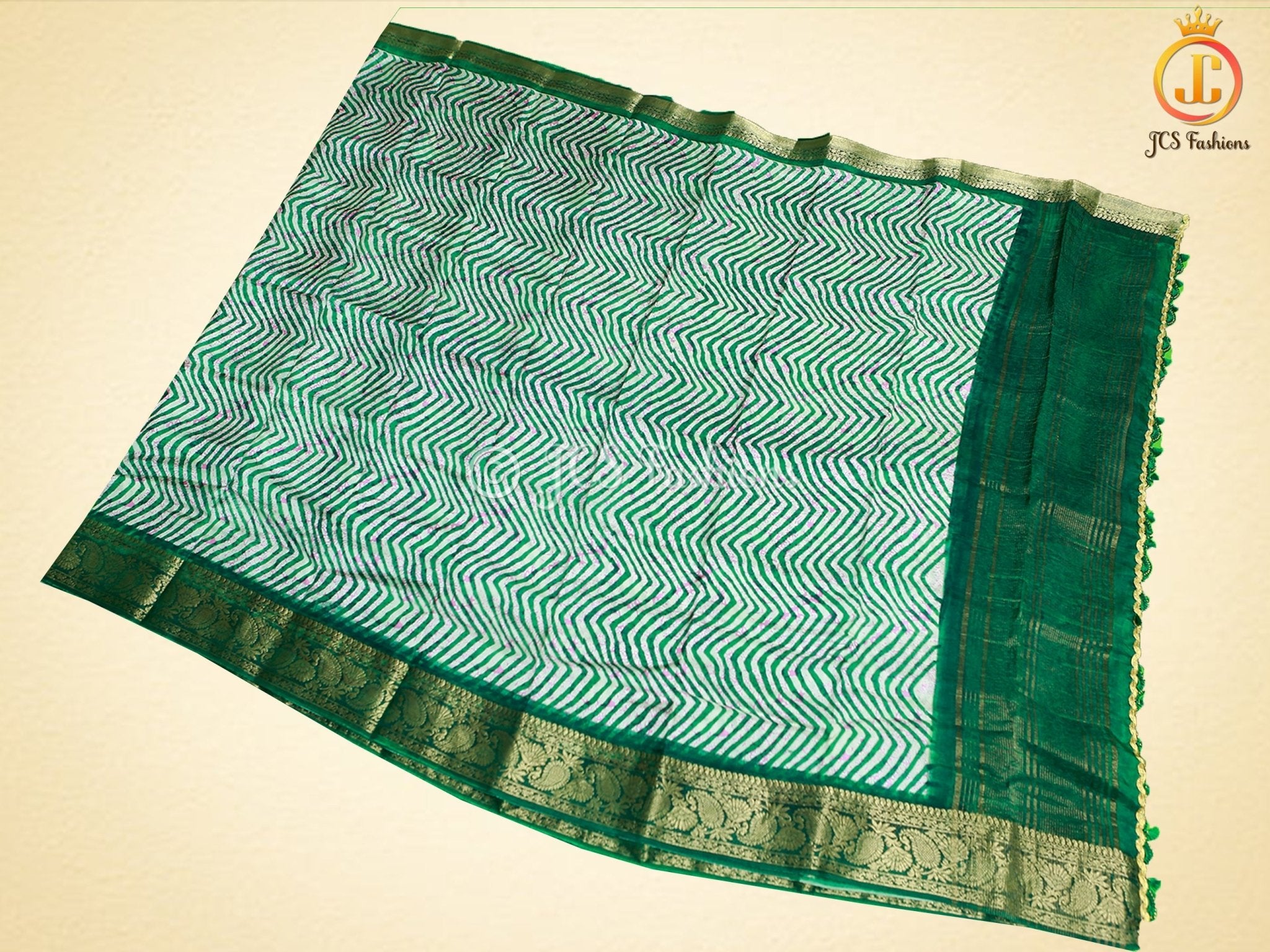 Leheriya Bathik Prints, Munga Silk Saree, Bold Colour, Fully Stitched blouse SAREE JCS Fashions Green 5.5 meters