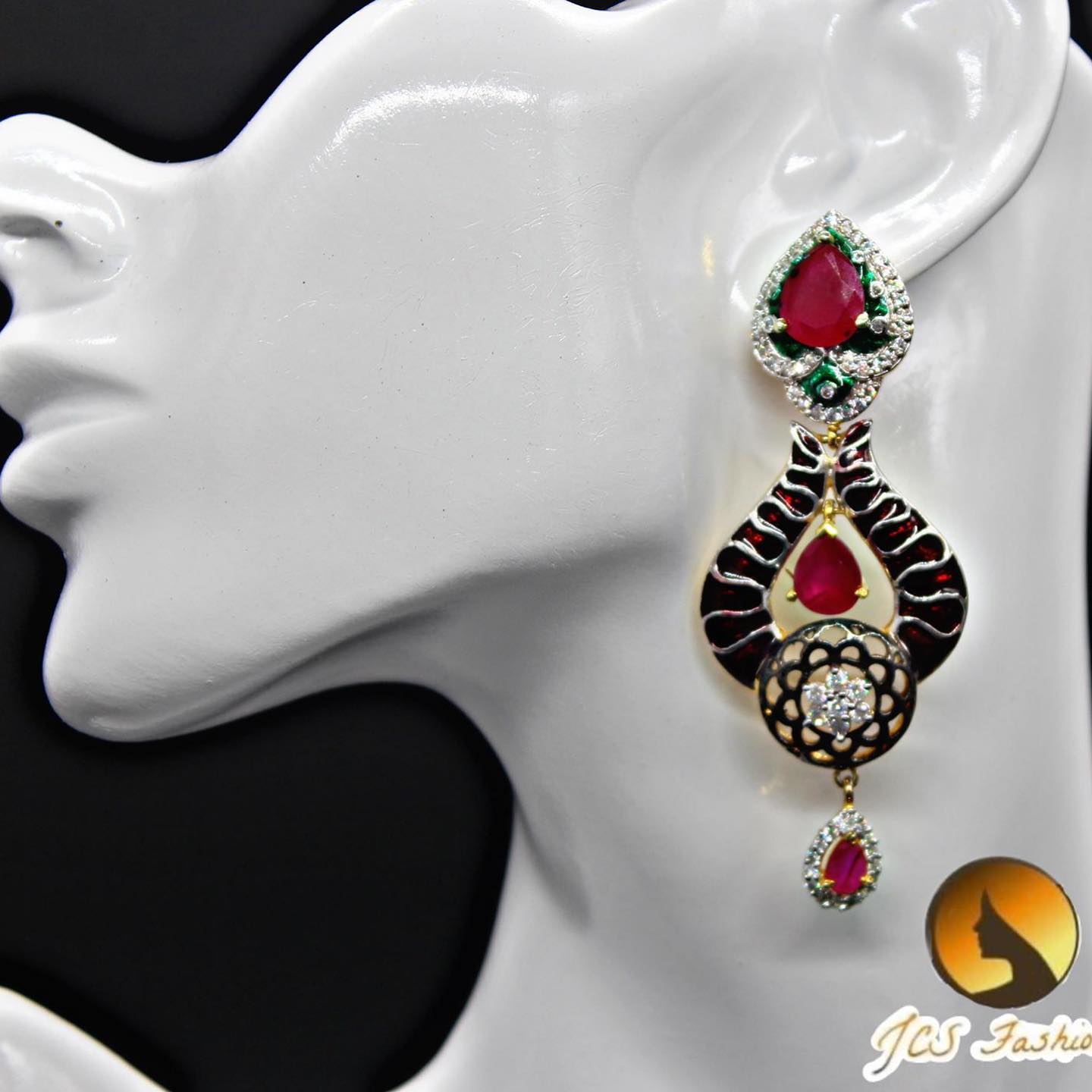 Long Earring | Red and Stone | Maroon Enamel Jewelry JCS Fashions Red 3.1"