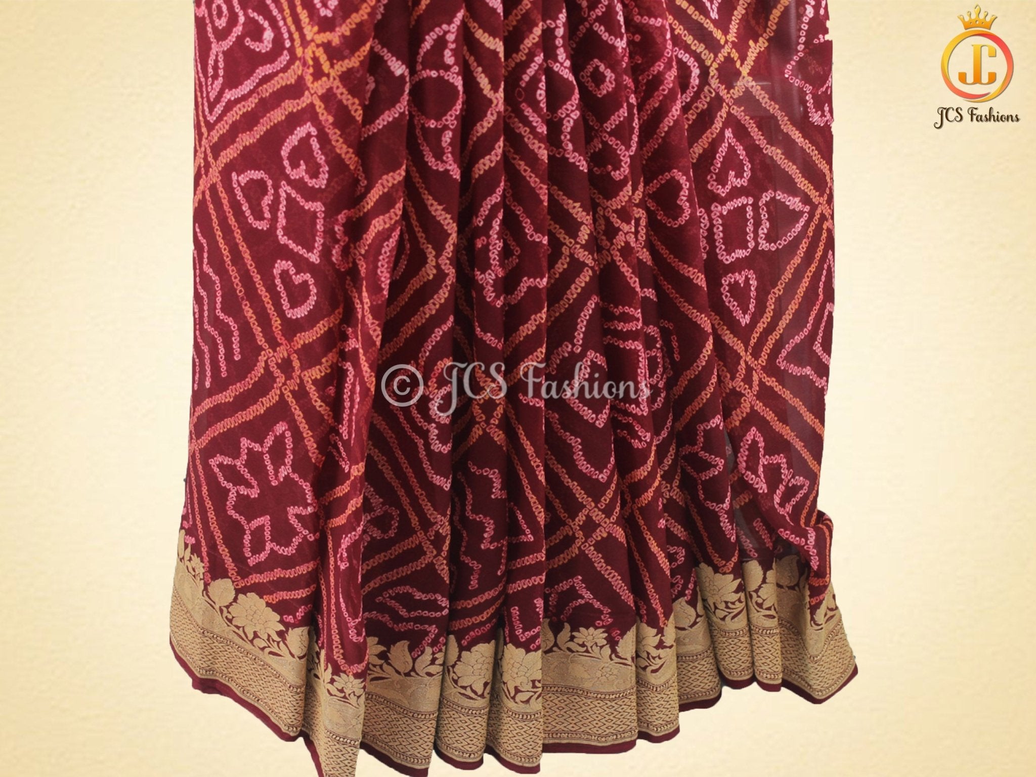 Maroon Pure Khaddi Georgette Rai Bandhej Saree, Silk Mark Certified SAREE JCS Fashions