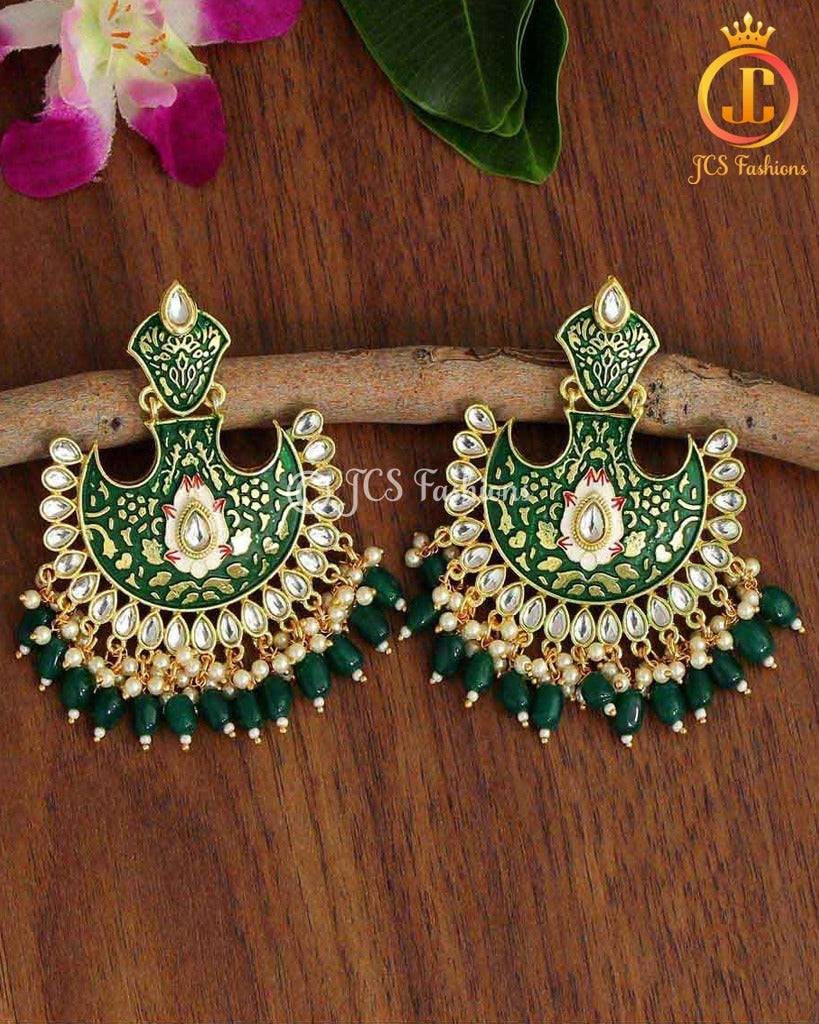 Mint Meena Earrings | Alloy Gold Plated, Green Kundan & Imitation Pearl Jewelry JCS Fashions Green