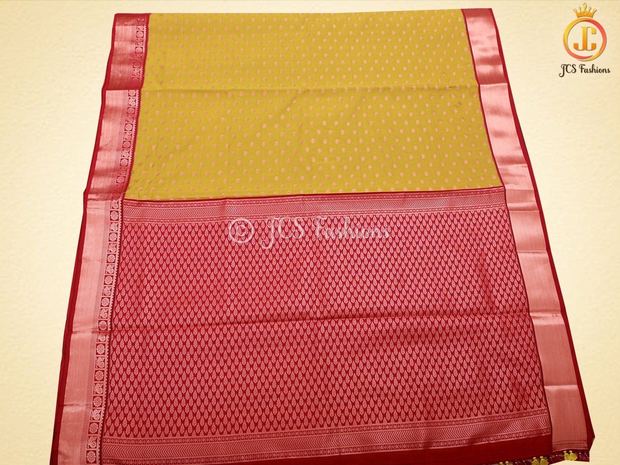 Mustard Yellow Korvai Semi-Silk Saree With Maggam Work Blouse SAREE JCS Fashions