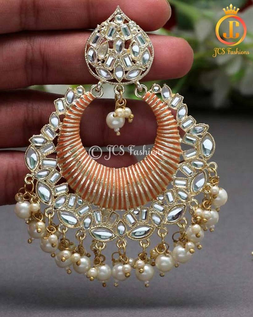 Orange Kundan Meenakari Earrings | Gold Plated Alloy, Hoop Style Jewelry JCS Fashions