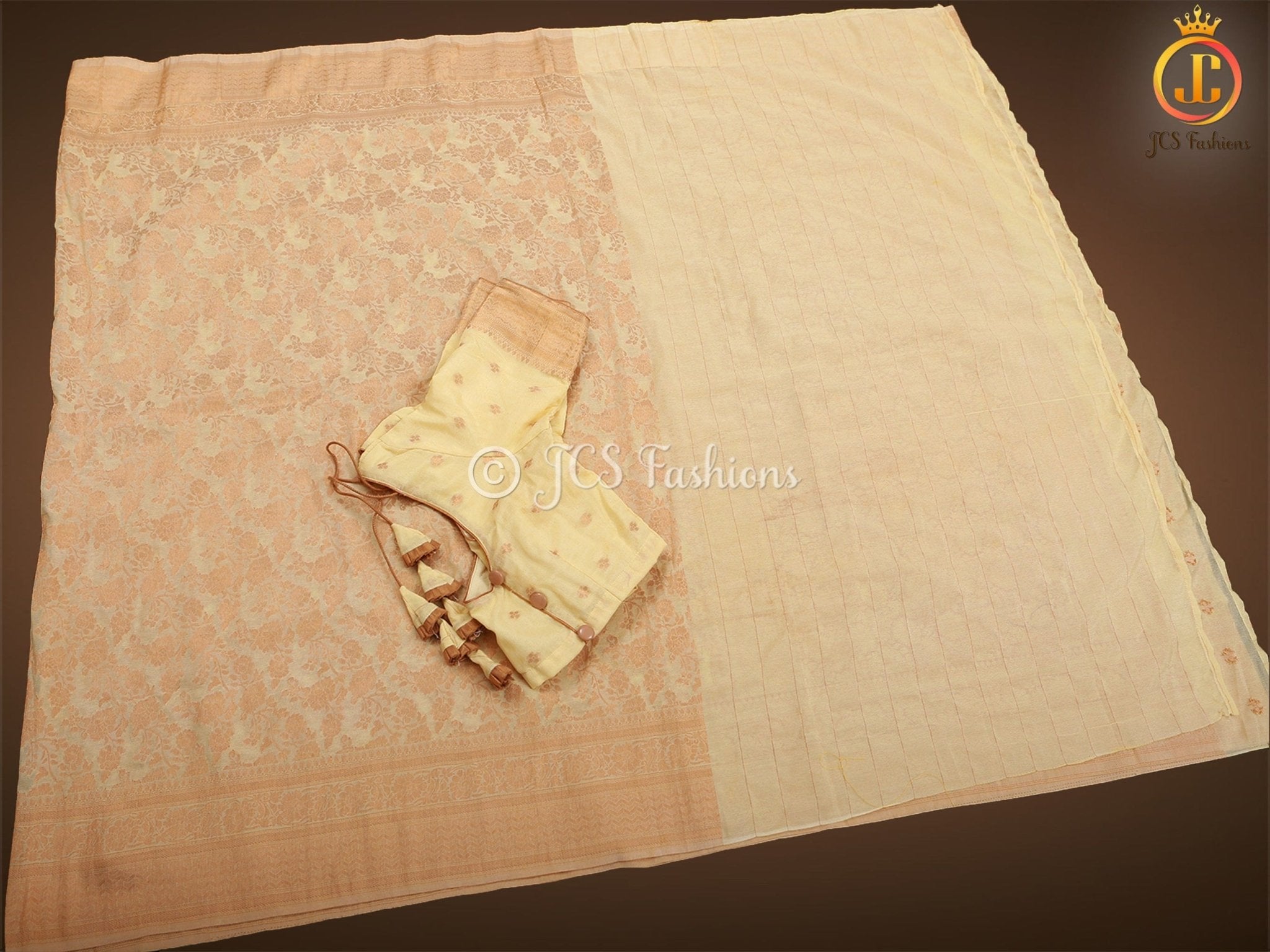 Pastel And Ivory Khadi Georgette Saree With Stitched Blouse SAREE JCS Fashions Brown 5.5 meters