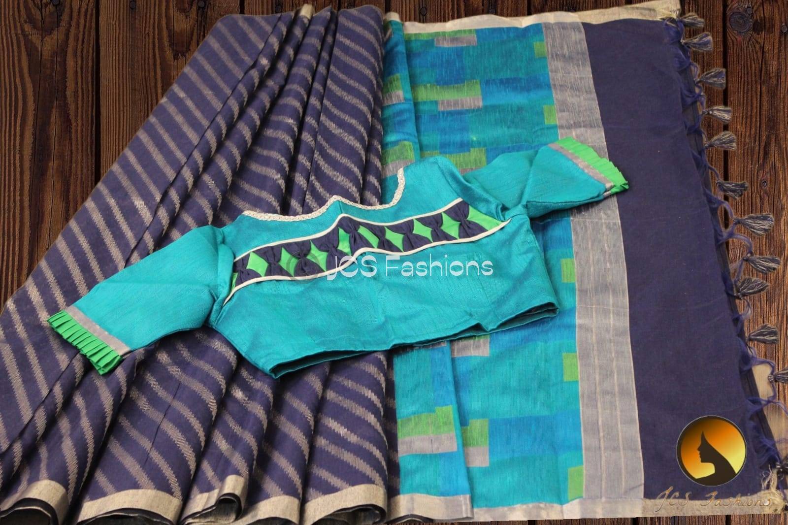 Pure Chanderi silk saree with Ready to wear blouse Saree JCS Fashions navy blue 5.5 meters