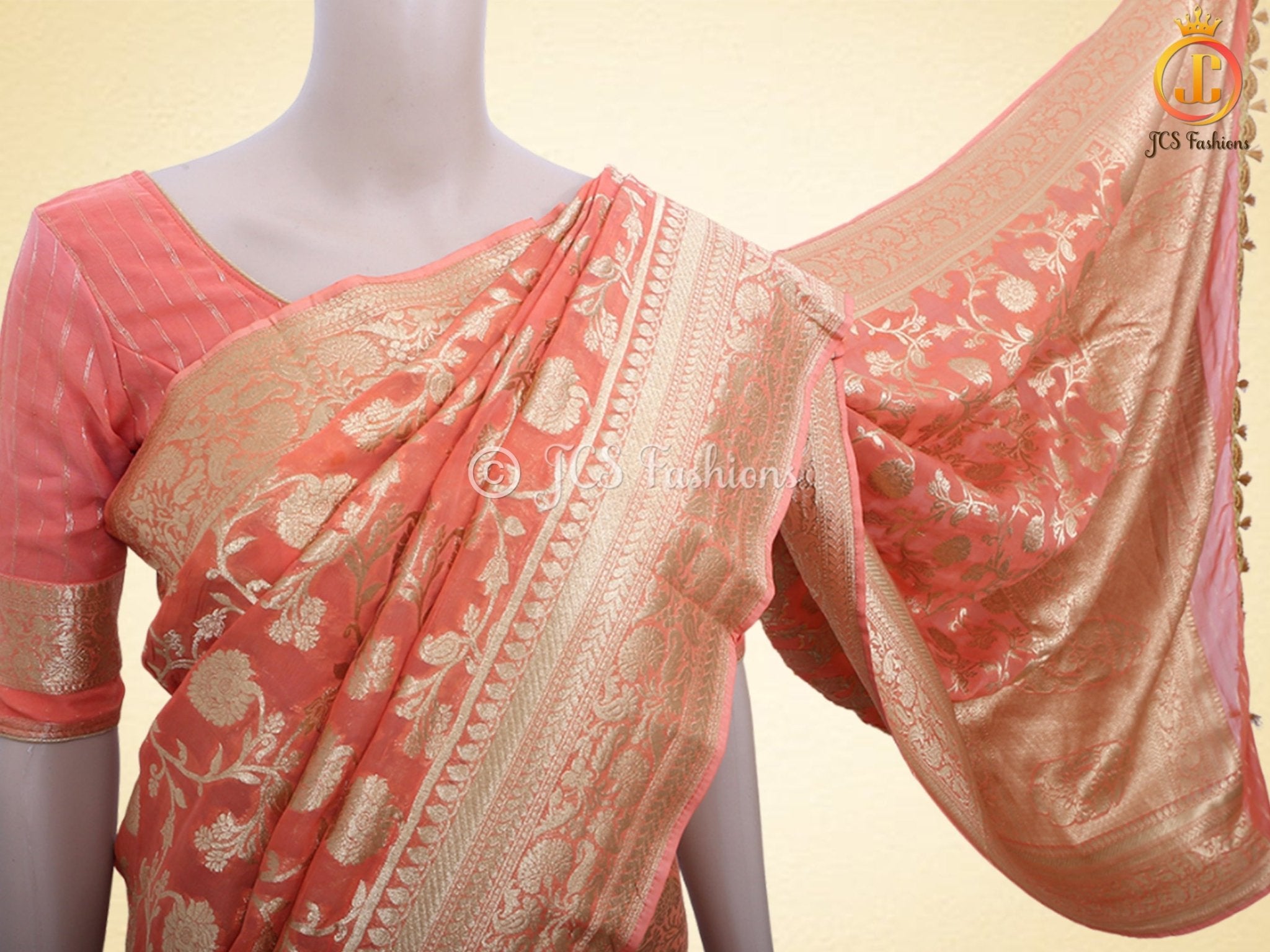 Pure Kaddi Banarasi Georgette Saree With Fully Stitched Blouse SAREE JCS Fashions