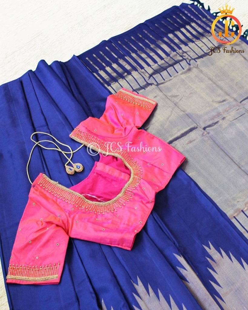 Pure Kancheepuram Handloom Silk Saree Saree JCS Fashions Navy Blue 5.5 meters