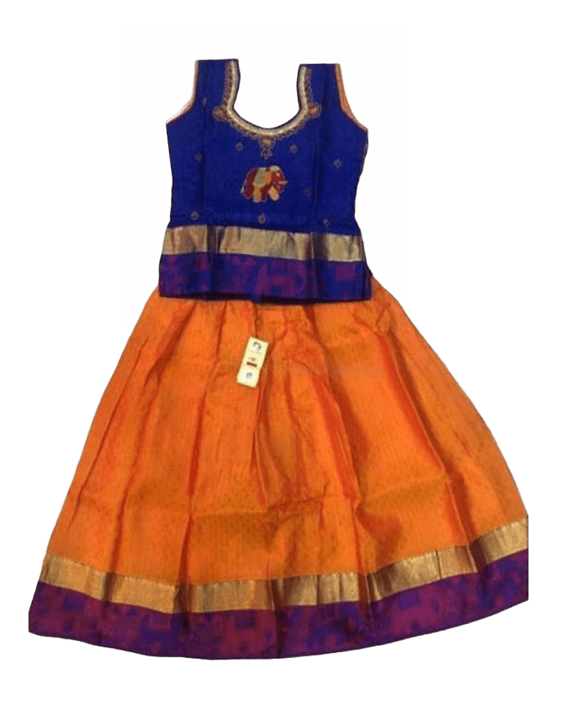 Pure Silk Pattu Paavadai Set | Kids Lehanga | 8 Years Old Kids JCS Fashions Purple and orange 8 Yrs