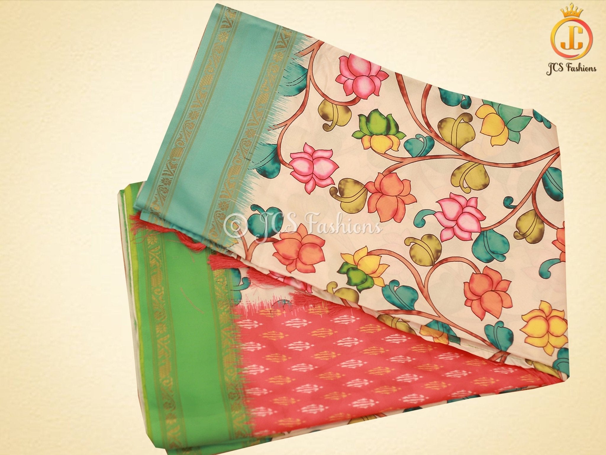 Satin Saree with Pitchwai And Kalamkari Design, Fully stitched blouse SAREE JCS Fashions Cream 5.5 meters