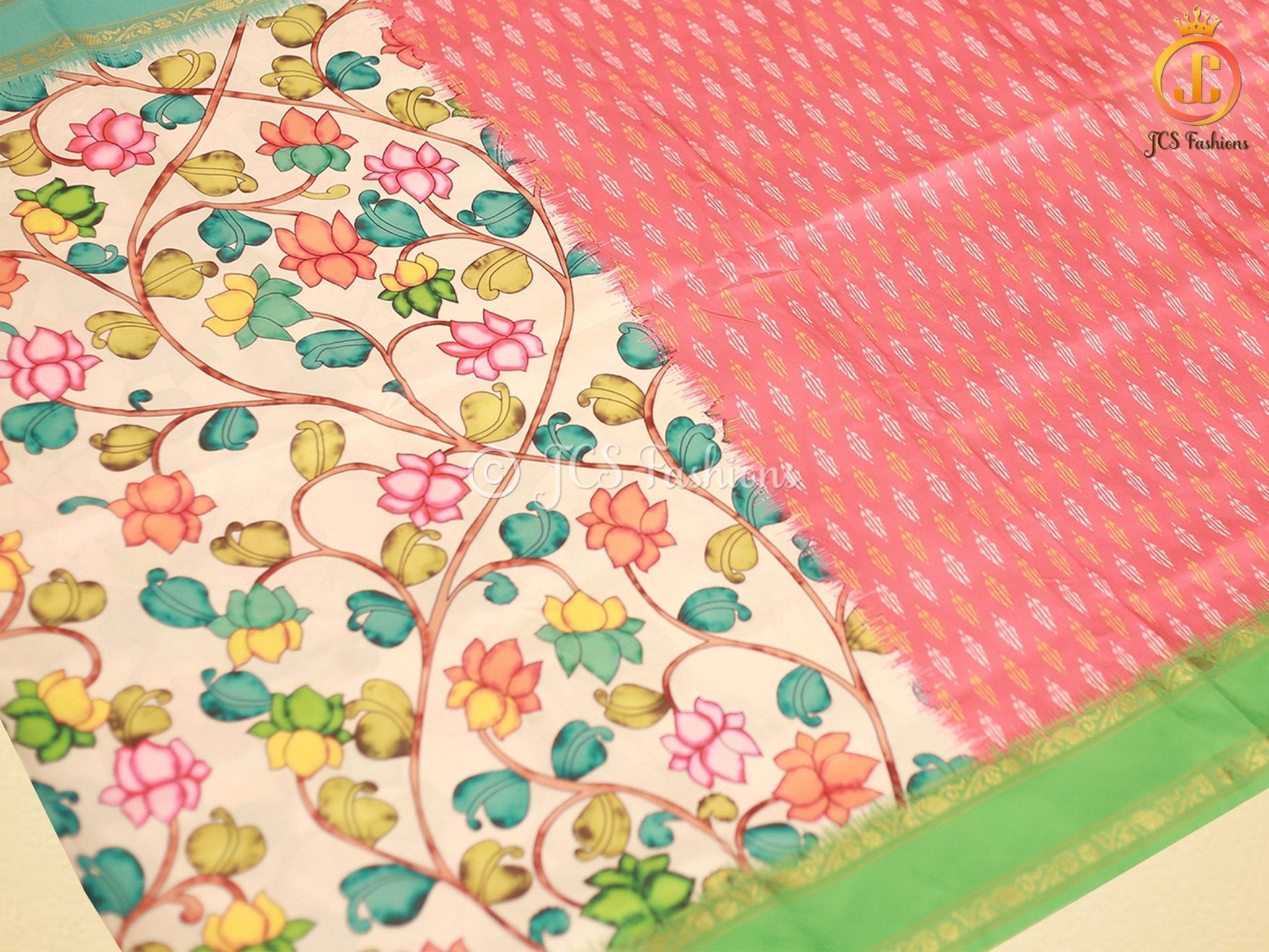 Satin Saree with Pitchwai And Kalamkari Design, Fully stitched blouse SAREE JCS Fashions