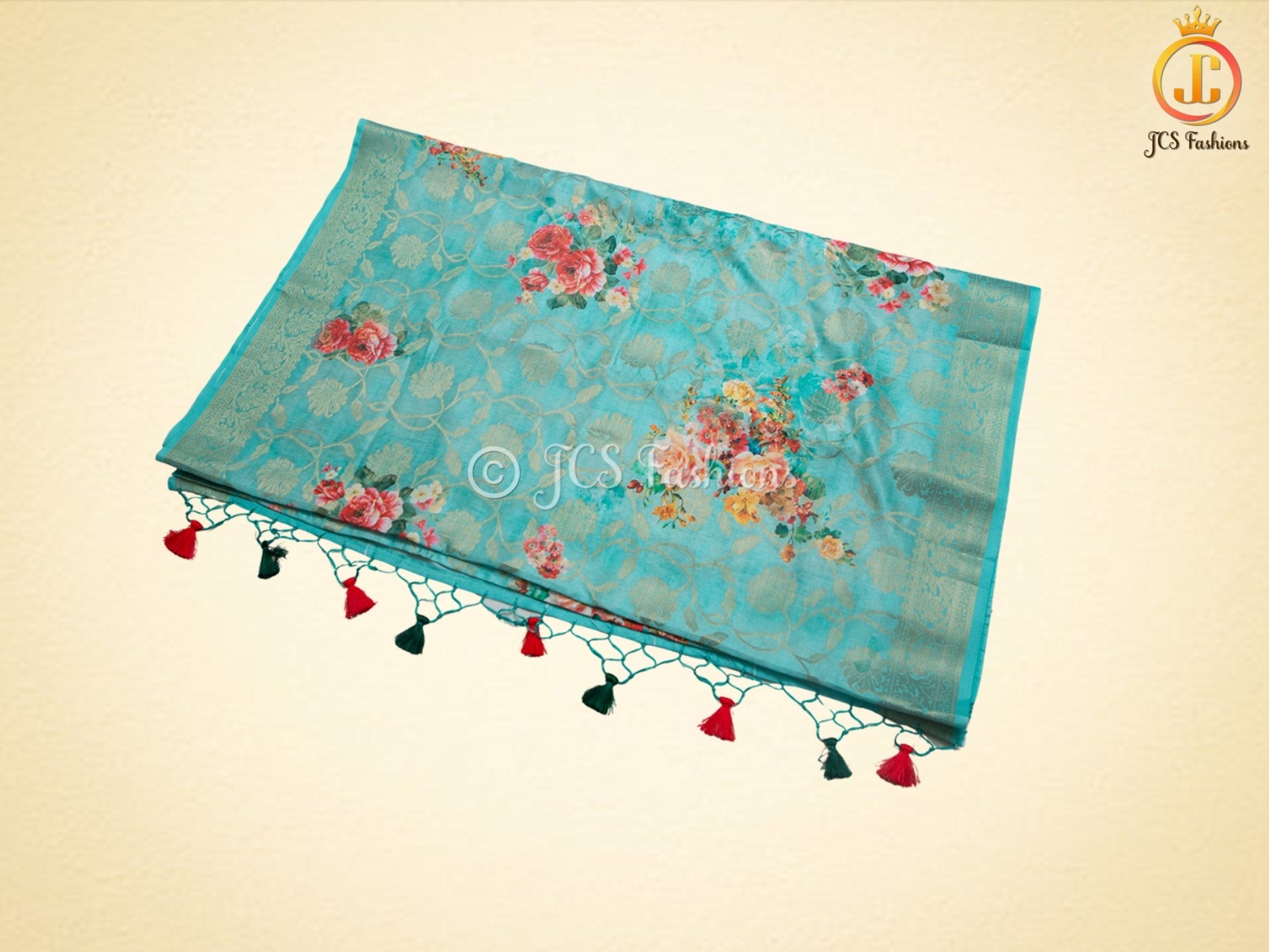Semi Munga Silk Saree, Weaving and floral Prints. With Fully stitched Blouse SAREE JCS Fashions