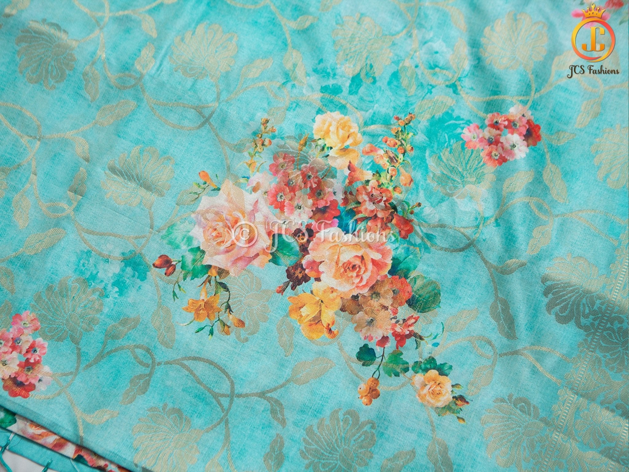 Semi Munga Silk Saree, Weaving and floral Prints. With Fully stitched Blouse SAREE JCS Fashions