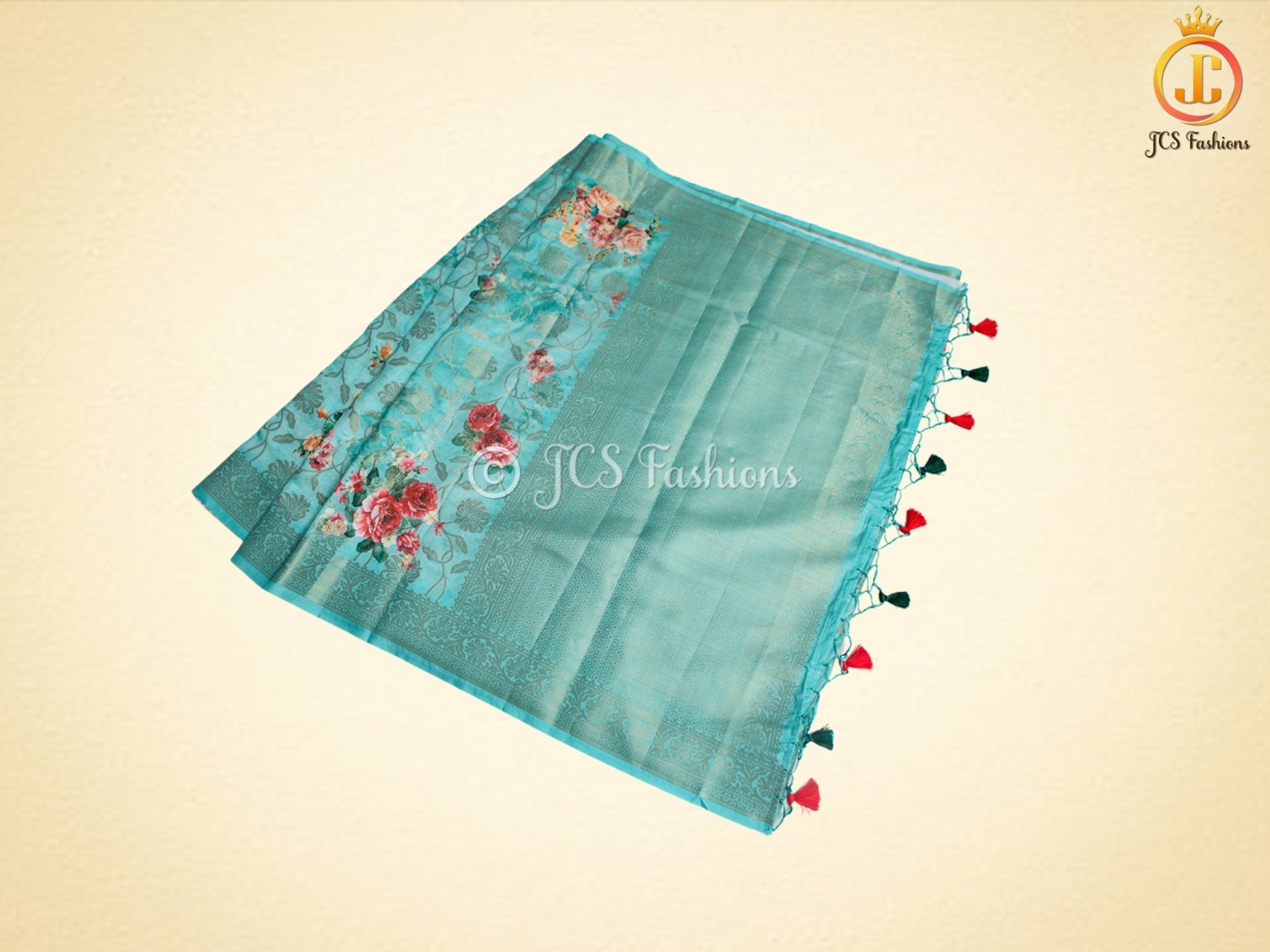 Semi Munga Silk Saree, Weaving and floral Prints. With Fully stitched Blouse SAREE JCS Fashions