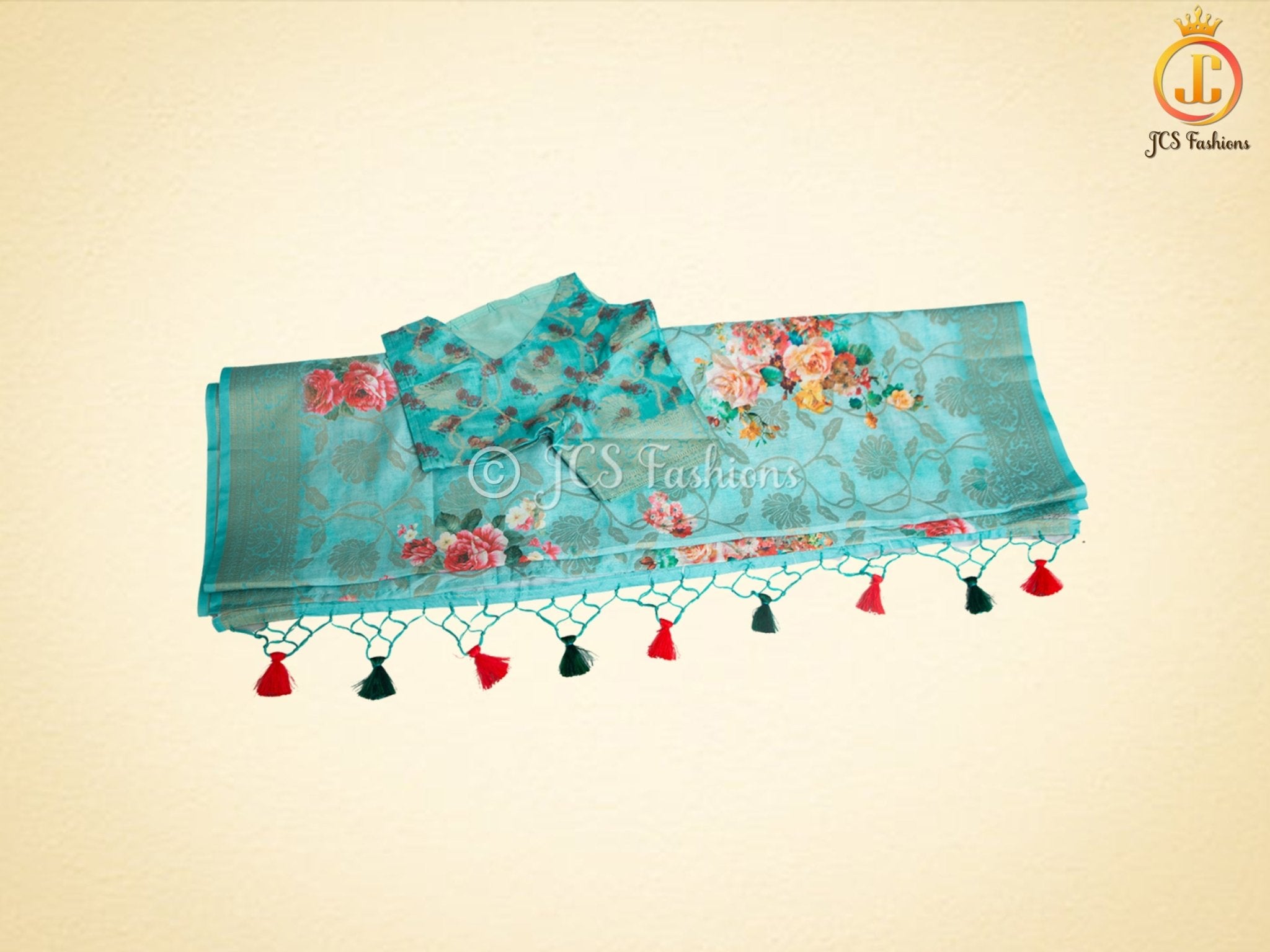 Semi Munga Silk Saree, Weaving and floral Prints. With Fully stitched Blouse SAREE JCS Fashions