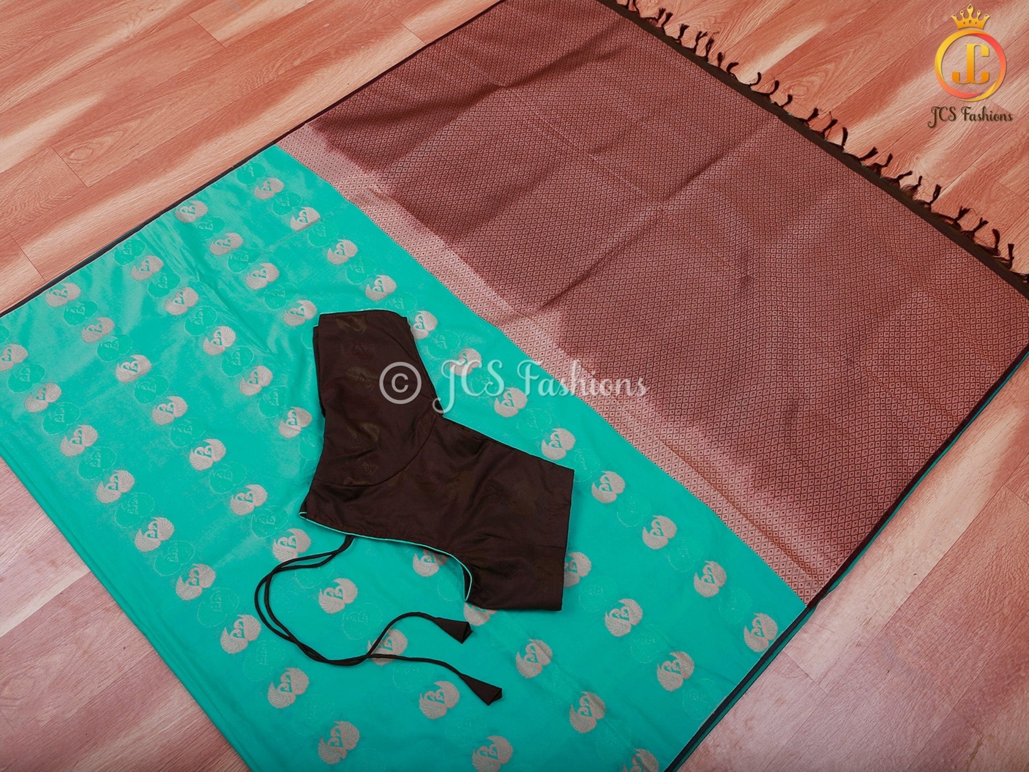 Semi Silk Border Less Saree With Fully Stitched Blouse, Copper Zari SAREE JCS Fashions Green 5.5 meters
