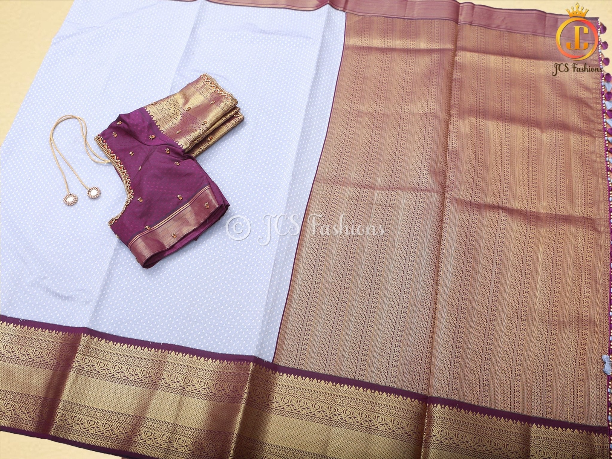 Semi-Silk Saree with Korvai pattern and Maggam Work Blouse SAREE JCS Fashions Grey 5.5 meters