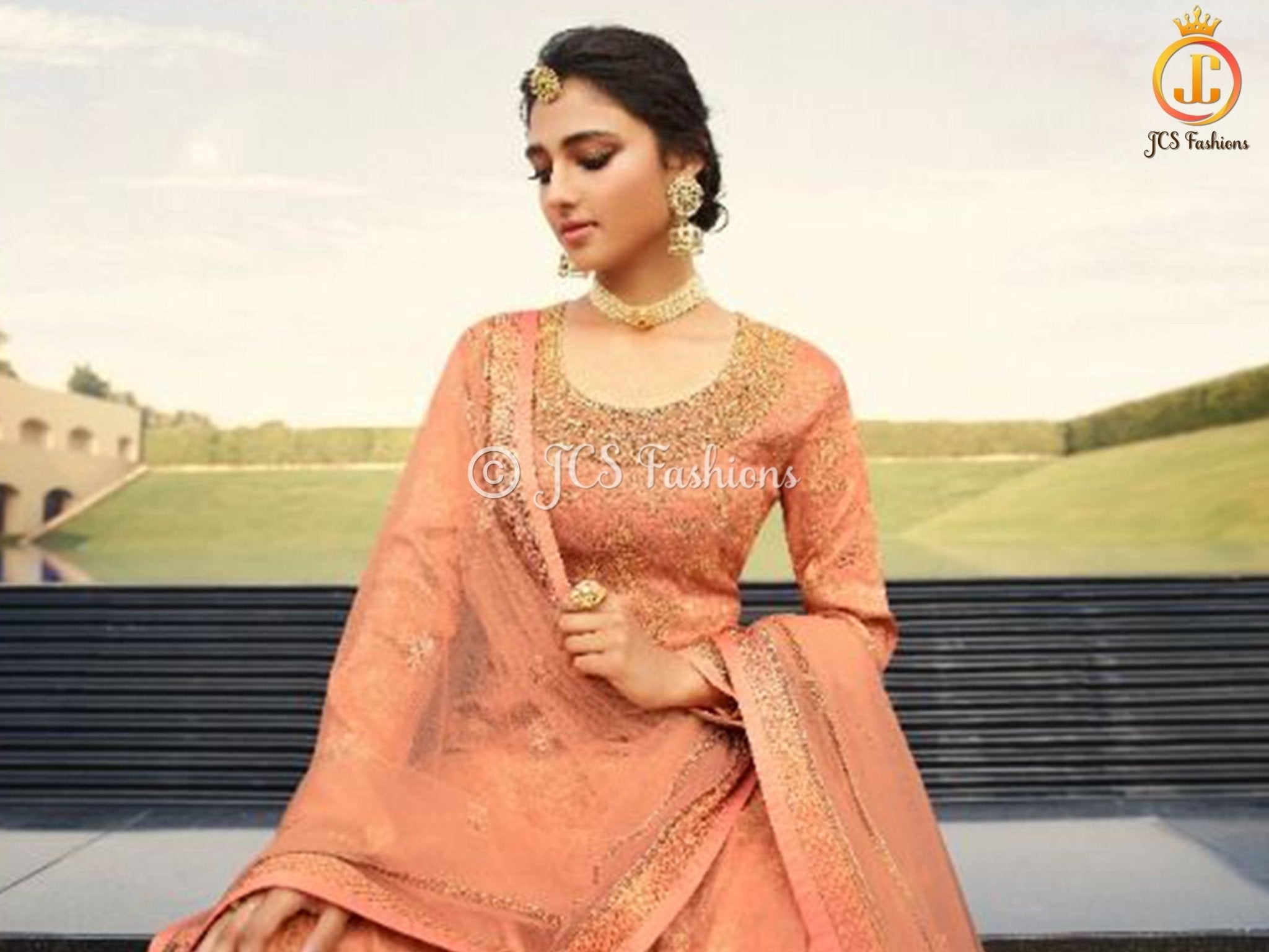 Sharara Suit With Intricate Stone and Embroidery work in Peach KURTI JCS Fashions