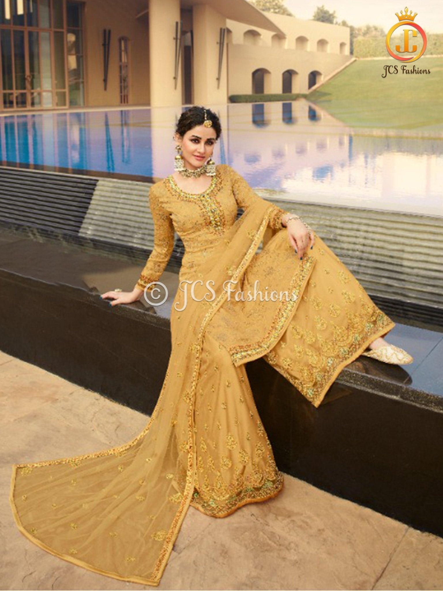 Sharara Suit With Intricate Stone and Embroidery work in Yellow KURTI JCS Fashions