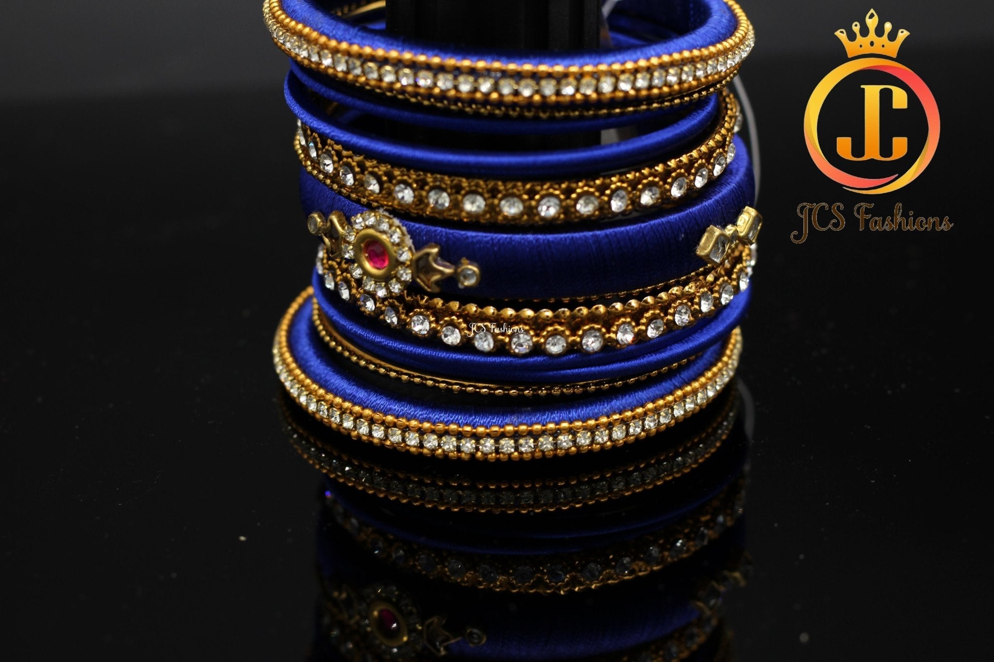 Silk Thread Bangles with Kundan and Stone Work in Royal Blue Color Jewelry JCS Fashions