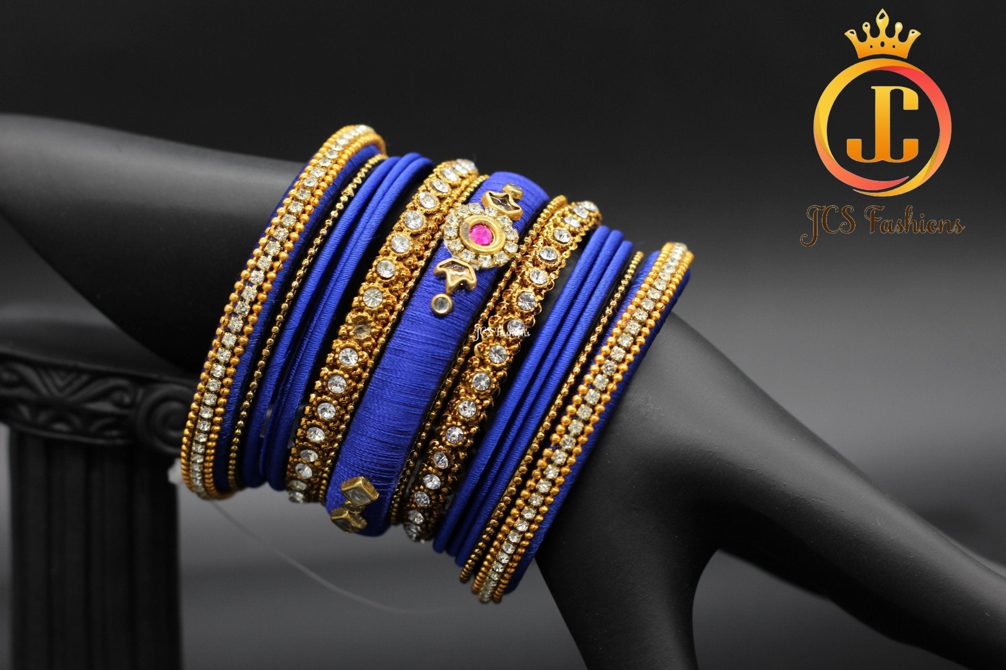 Silk Thread Bangles with Kundan and Stone Work in Royal Blue Color Jewelry JCS Fashions