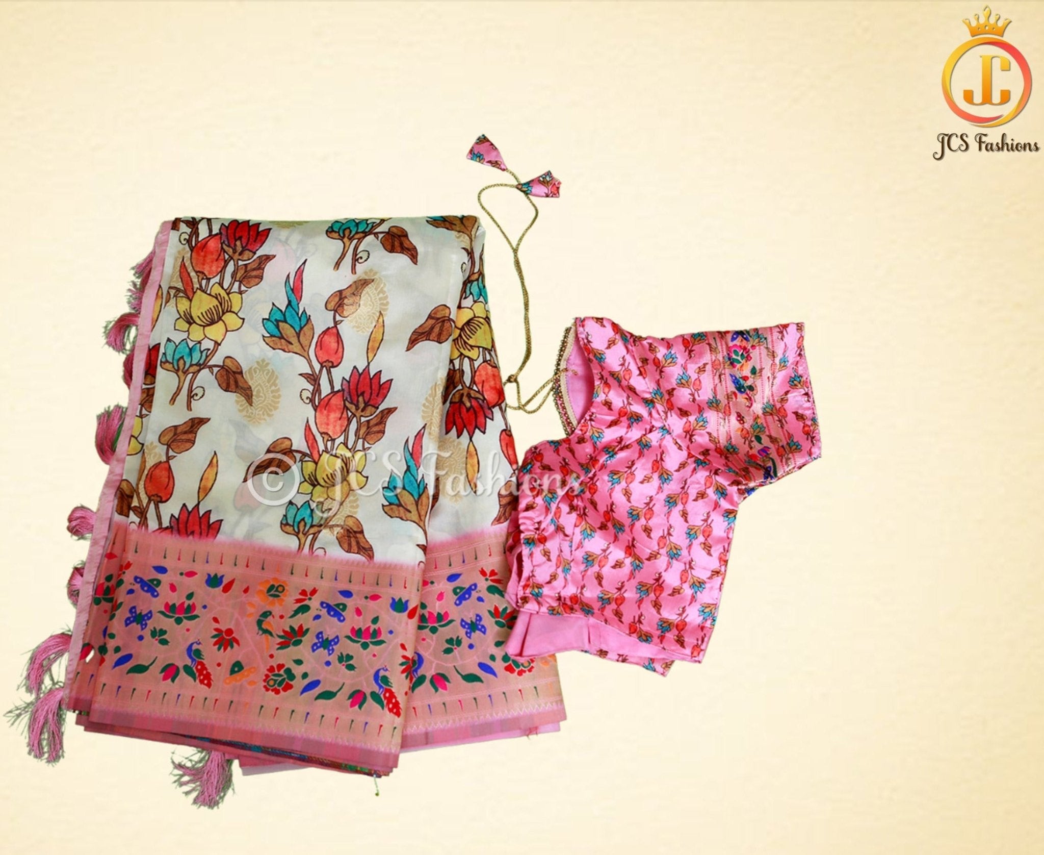 Soft Silk Kalamkari Pattu Saree, Paithani border, Ready to wear blouse, SAREE JCS Fashions