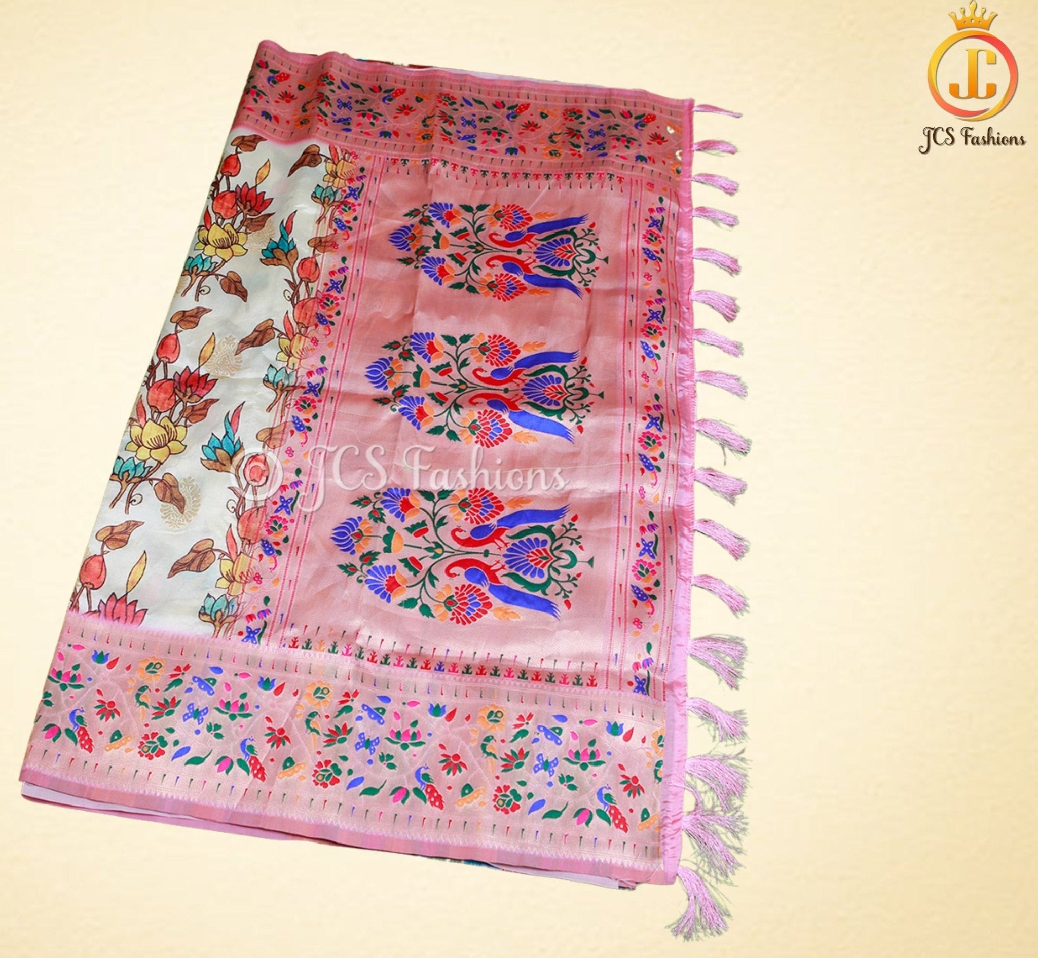 Soft Silk Kalamkari Pattu Saree, Paithani border, Ready to wear blouse, SAREE JCS Fashions