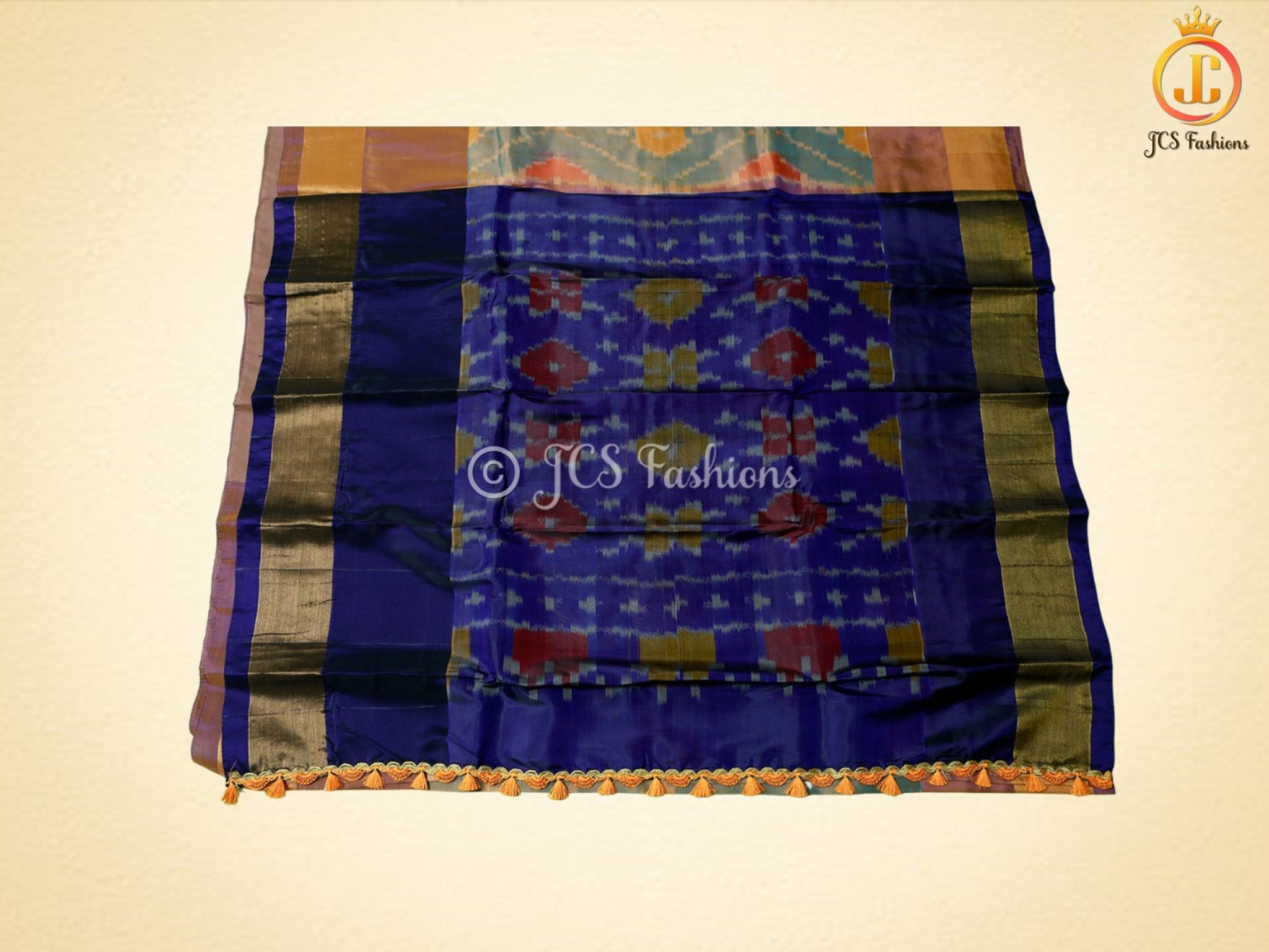 Soft Silk Pattu Saree, All-Over Pochampalli ikkat Design, Contrast Color Blouse SAREE JCS Fashions