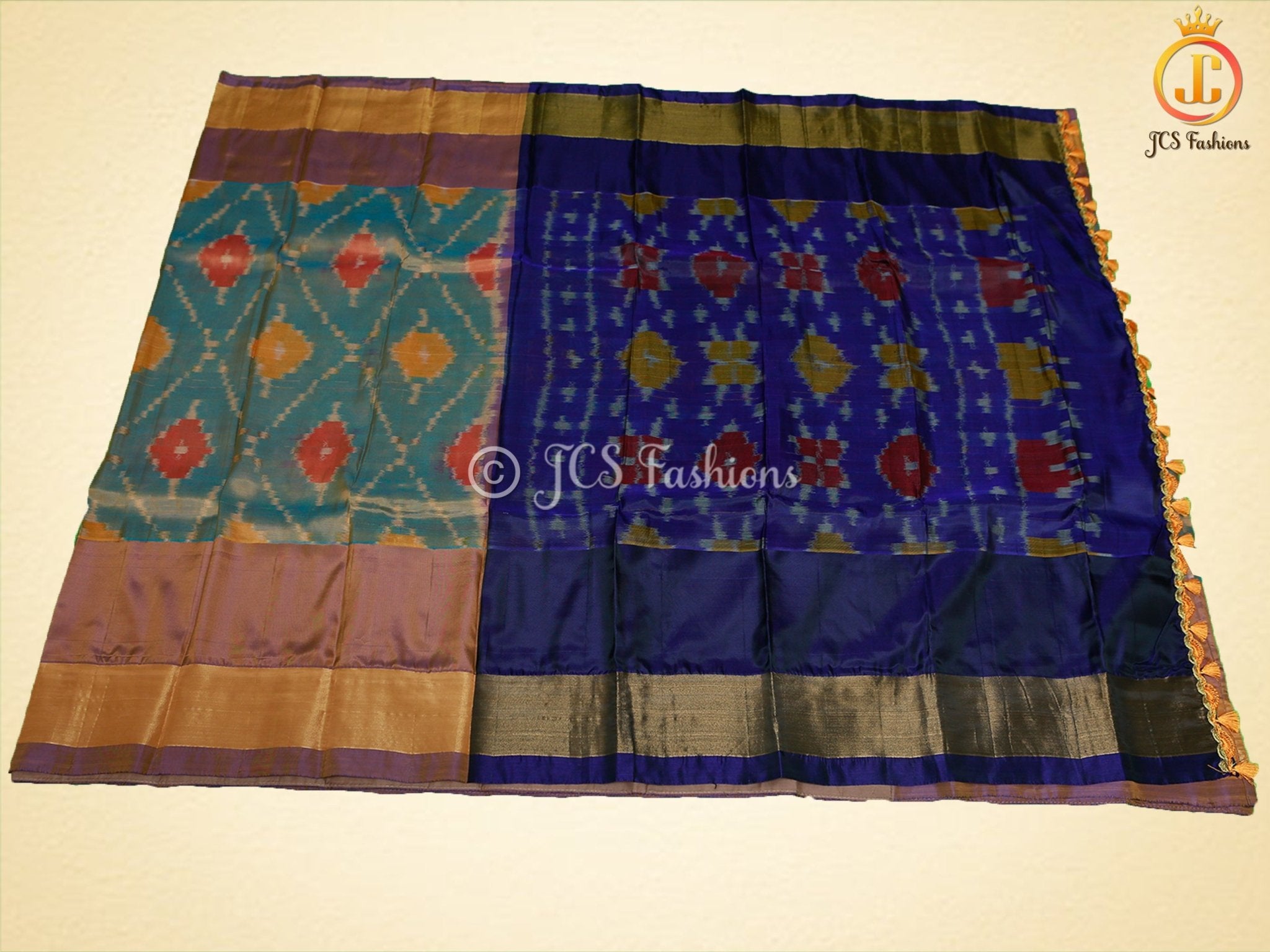 Soft Silk Pattu Saree, All-Over Pochampalli ikkat Design, Contrast Color Blouse SAREE JCS Fashions Yellow 5.5 meters
