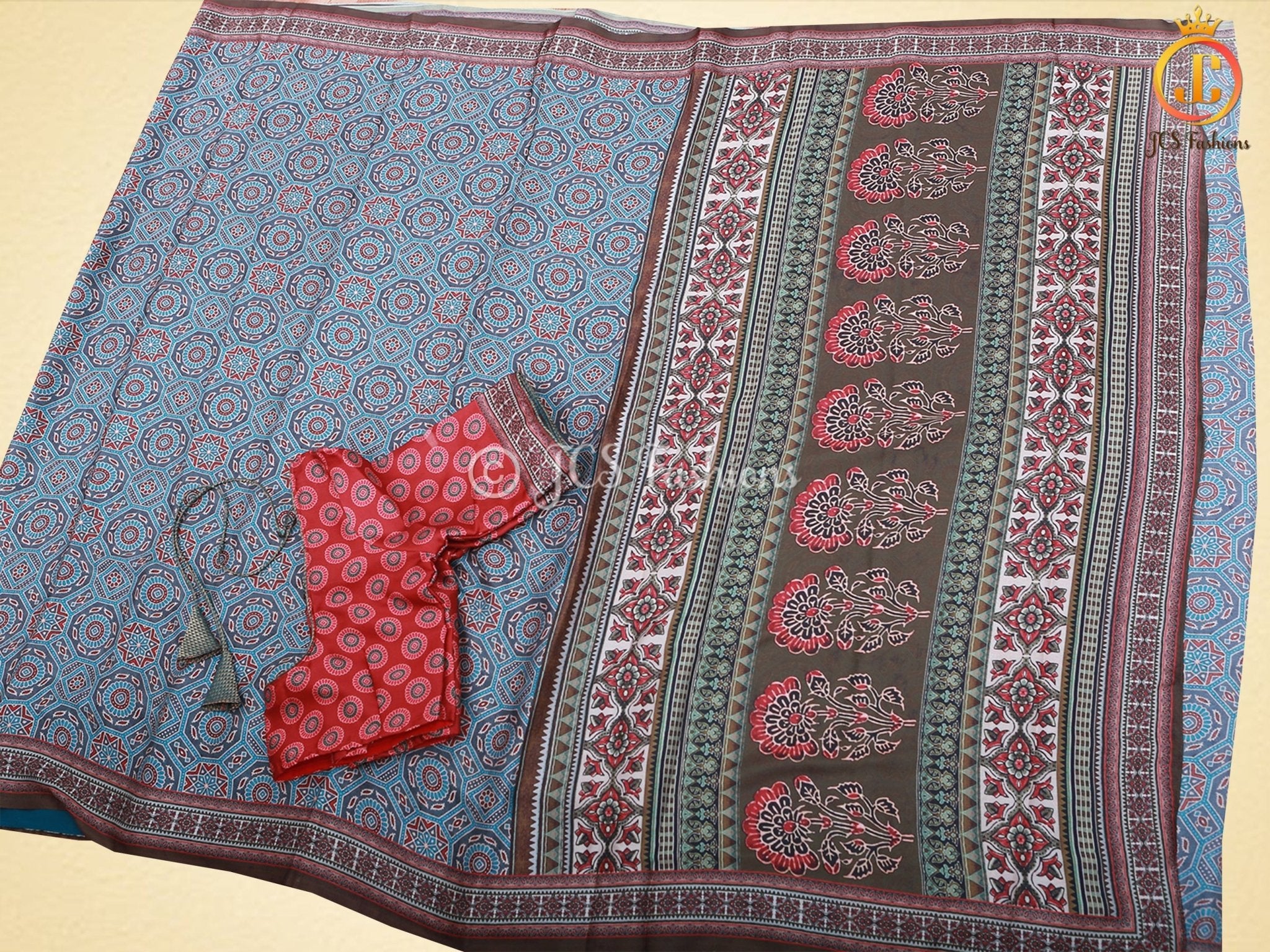 Soft Silky Smooth Crepe Silk Sarees With Contrast Digitally Printed Blouse SAREE JCS Fashions Blue 5.5 meters