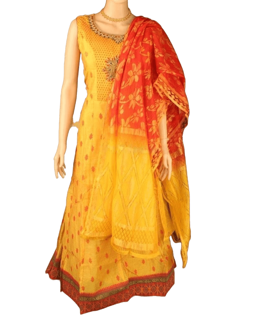 Stunning Premium Chanderi Long Gown with Elegant Embroidery Work Kurti JCS Fashions Orangish Yellow X-Large (42)