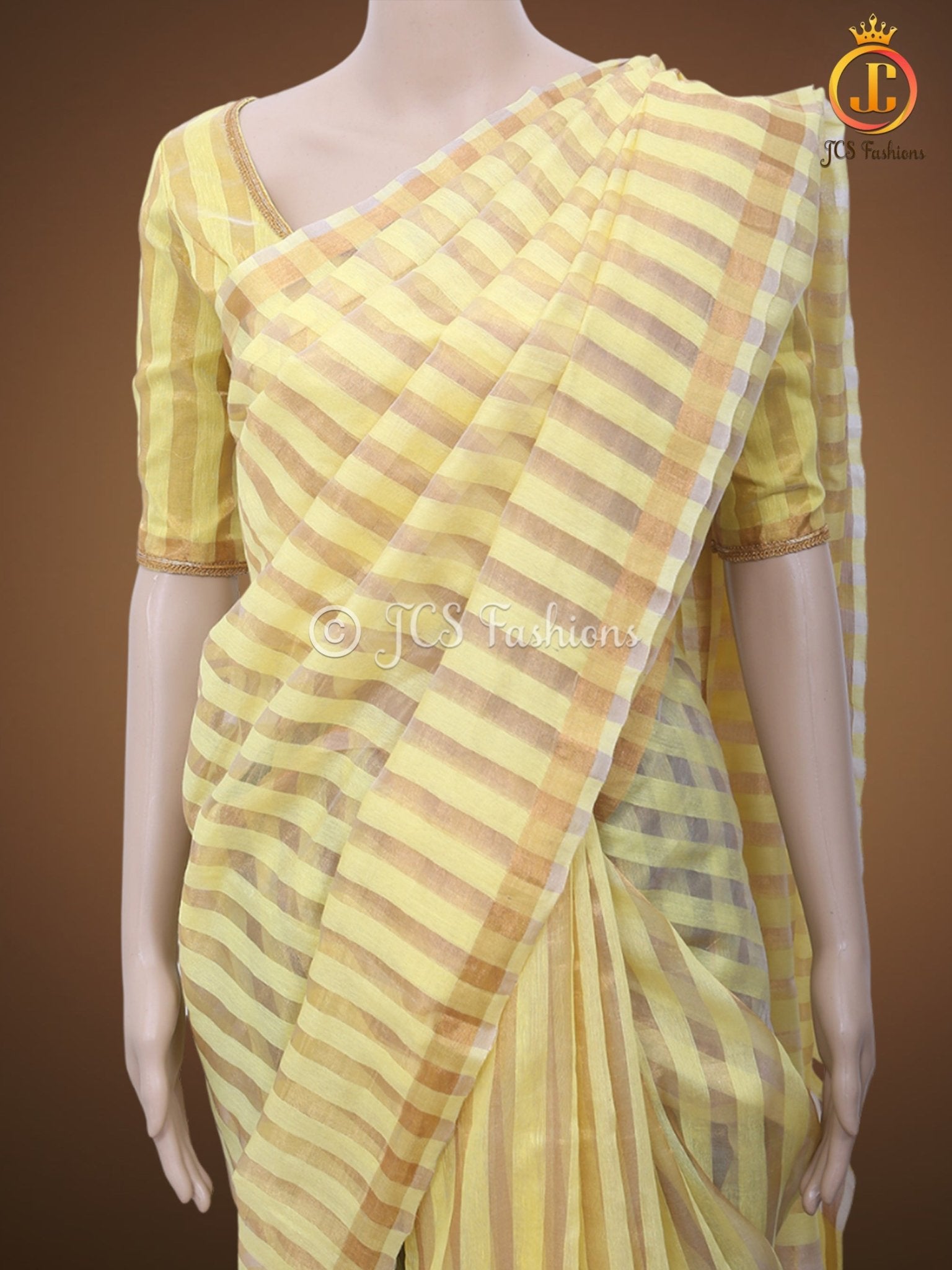Vertical Zari weaved Lemon Yellow Tissue Linen Saree With Blouse SAREE JCS Fashions Lemon Yellow 5.5 meters