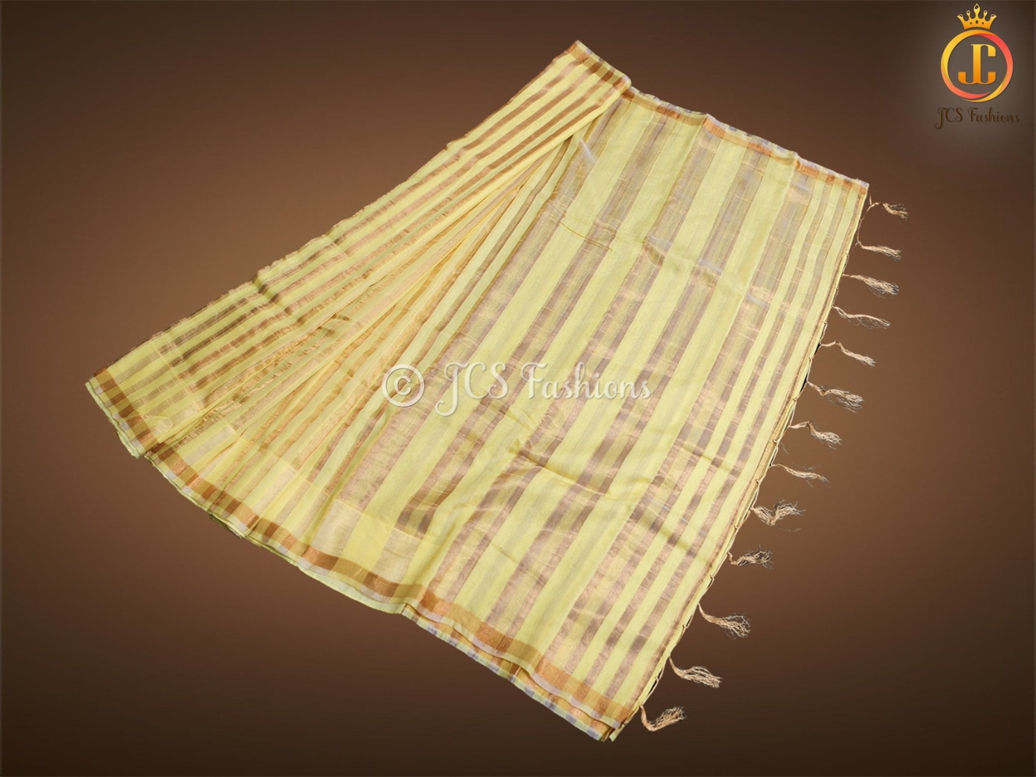 Vertical Zari weaved Lemon Yellow Tissue Linen Saree With Blouse SAREE JCS Fashions