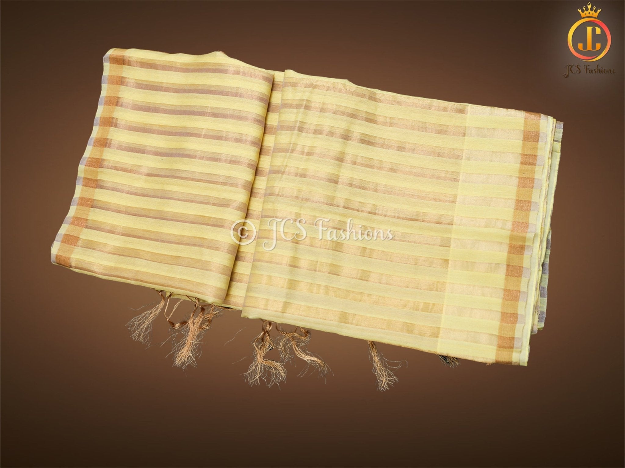 Vertical Zari weaved Lemon Yellow Tissue Linen Saree With Blouse SAREE JCS Fashions