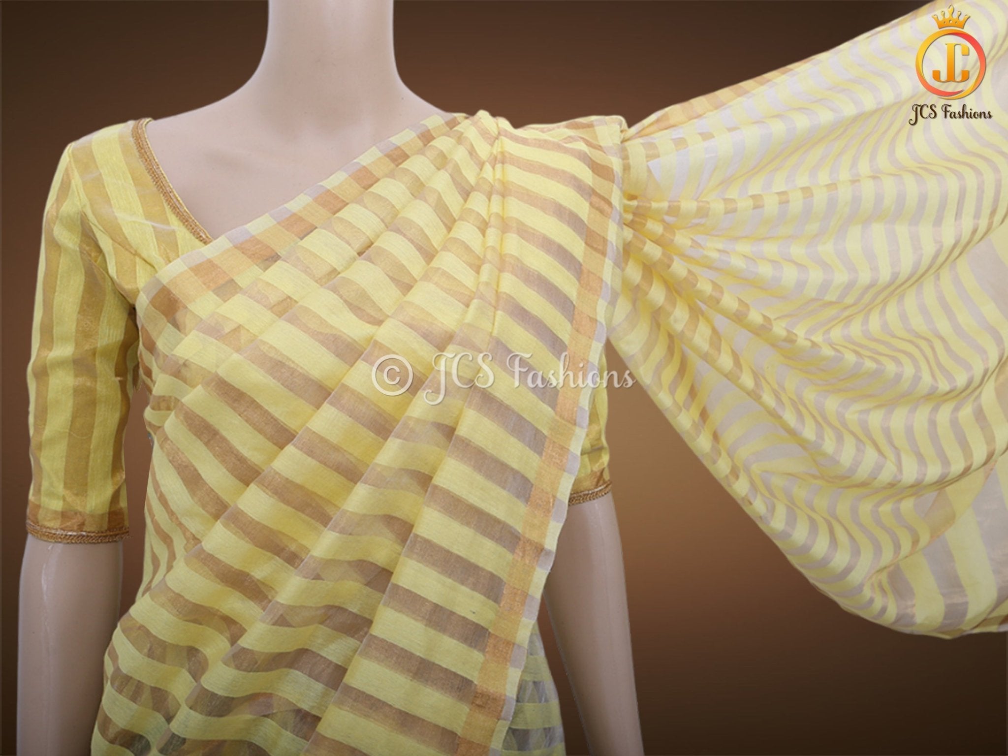 Vertical Zari weaved Lemon Yellow Tissue Linen Saree With Blouse SAREE JCS Fashions