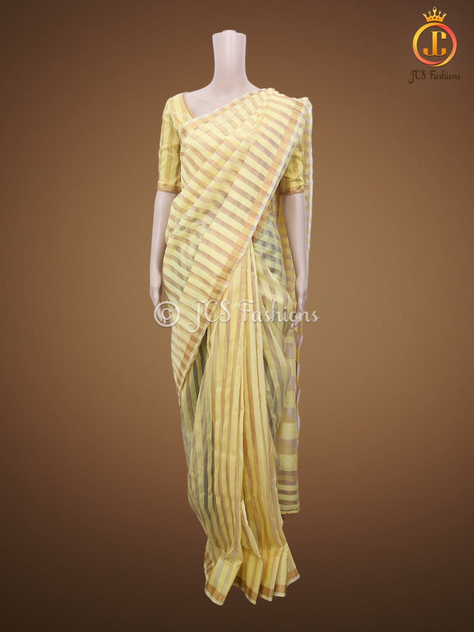 Vertical Zari weaved Lemon Yellow Tissue Linen Saree With Blouse SAREE JCS Fashions
