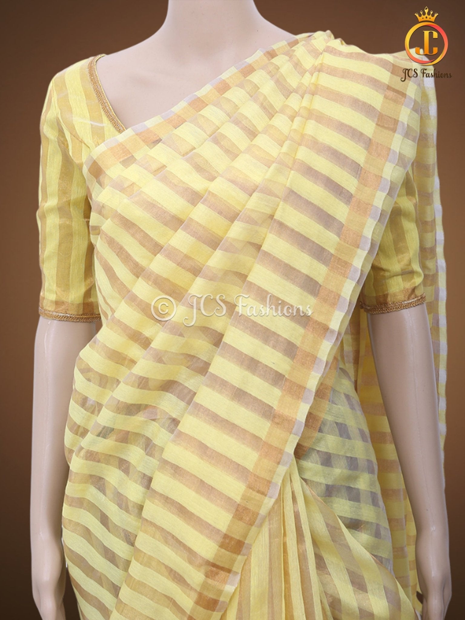 Vertical Zari weaved Lemon Yellow Tissue Linen Saree With Blouse SAREE JCS Fashions
