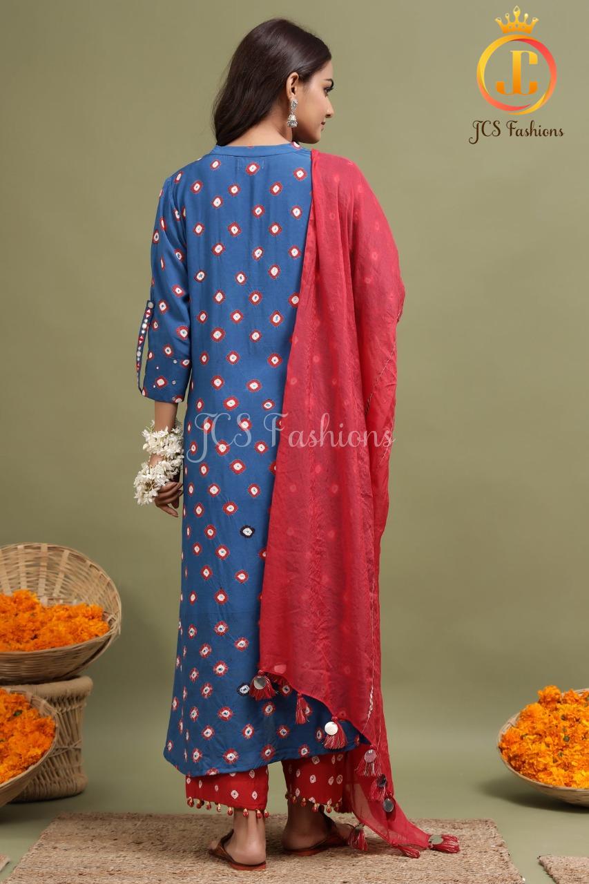 Women's Blue Bandhani Kurta With Mirror Detailing Sustainable JCS Fashions