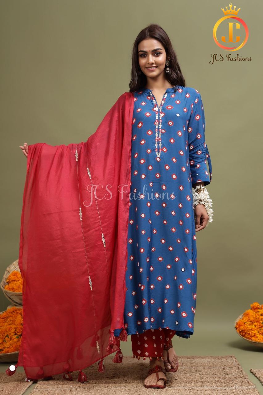 Women's Blue Bandhani Kurta With Mirror Detailing Sustainable JCS Fashions