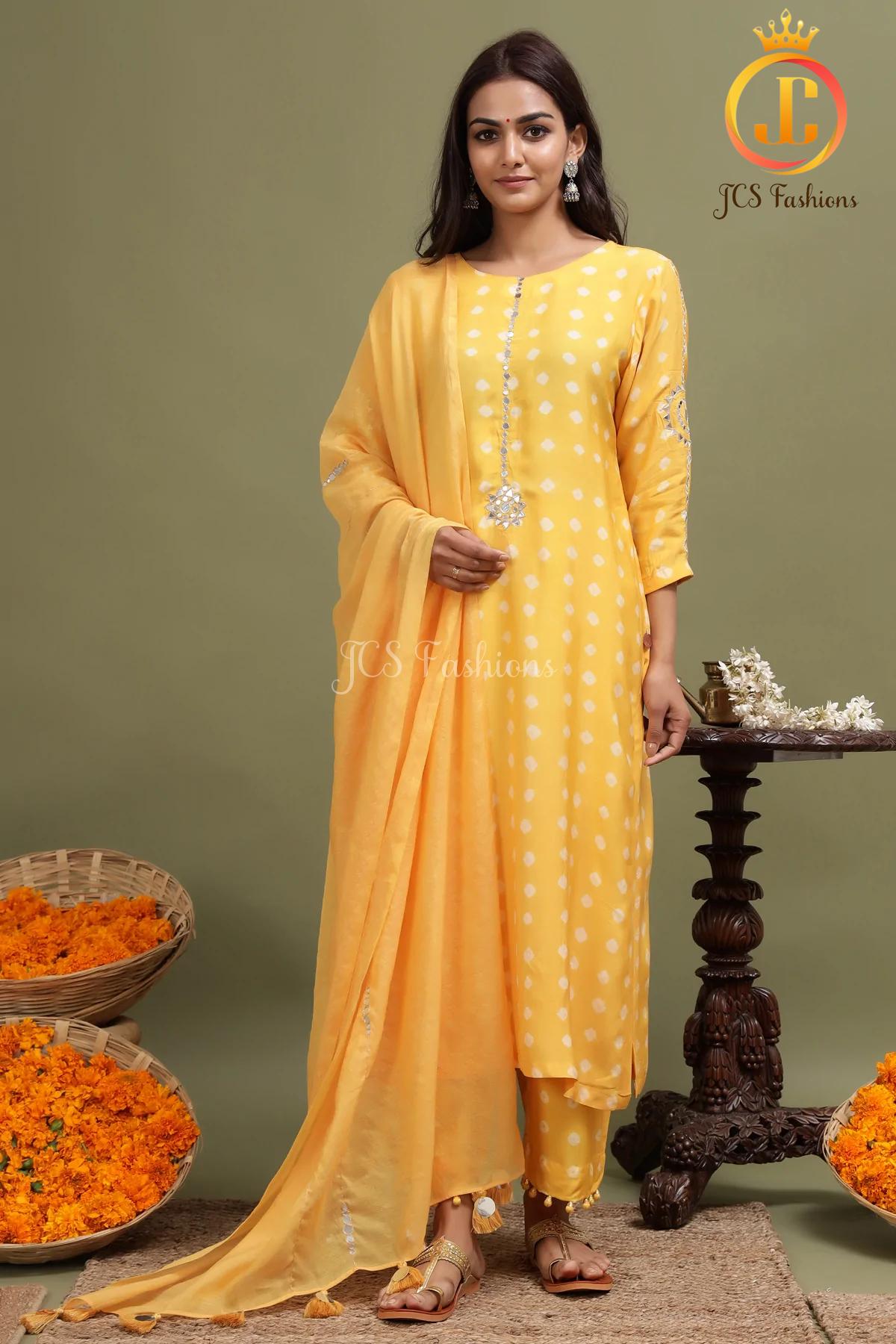 Yellow Bandhini Straight Kurti With Potli Pants and matching Stole Sustainable JCS Fashions