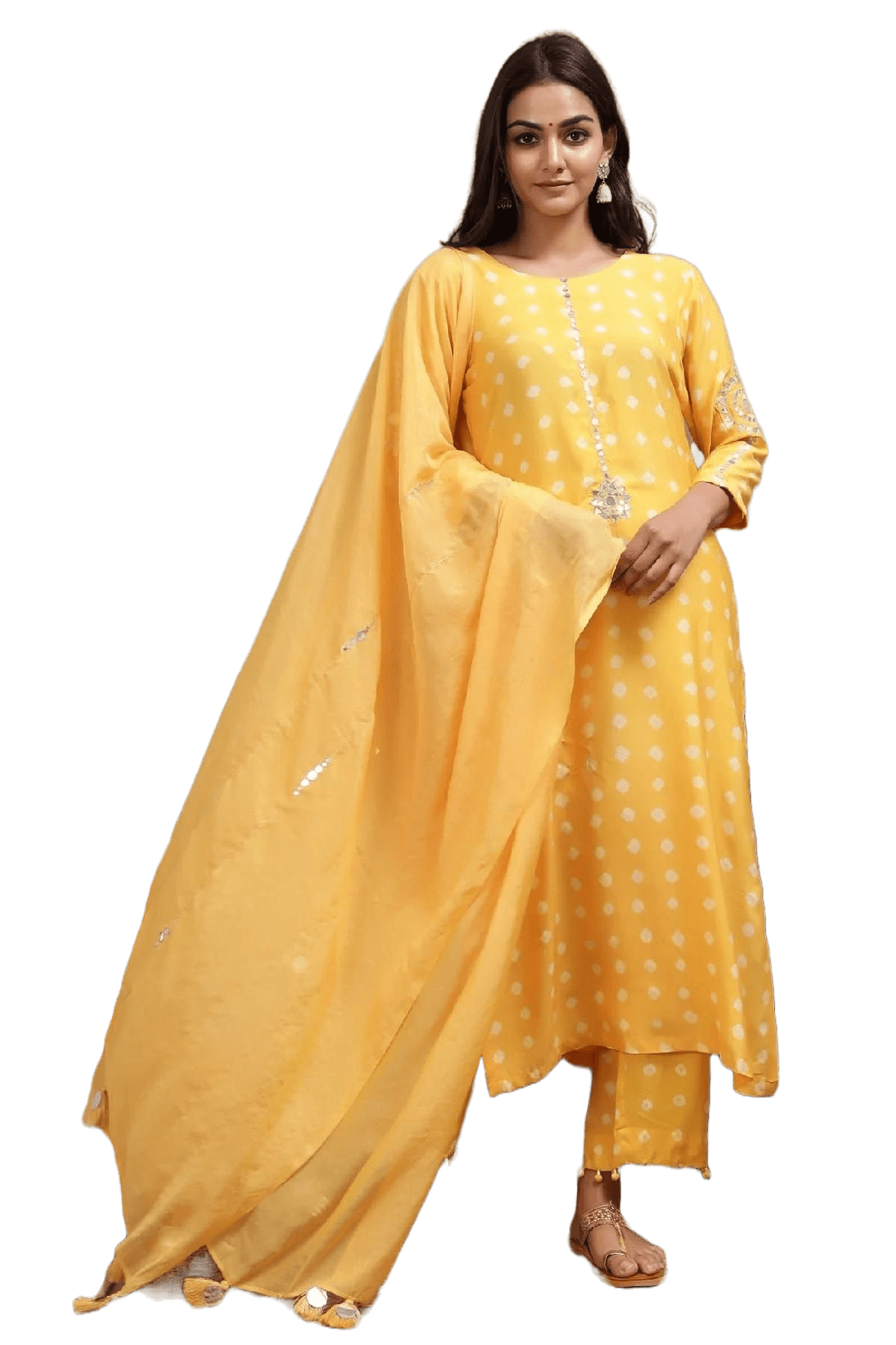 Yellow Bandhini Straight Kurti With Potli Pants and matching Stole Sustainable JCS Fashions Yellow Small (36)
