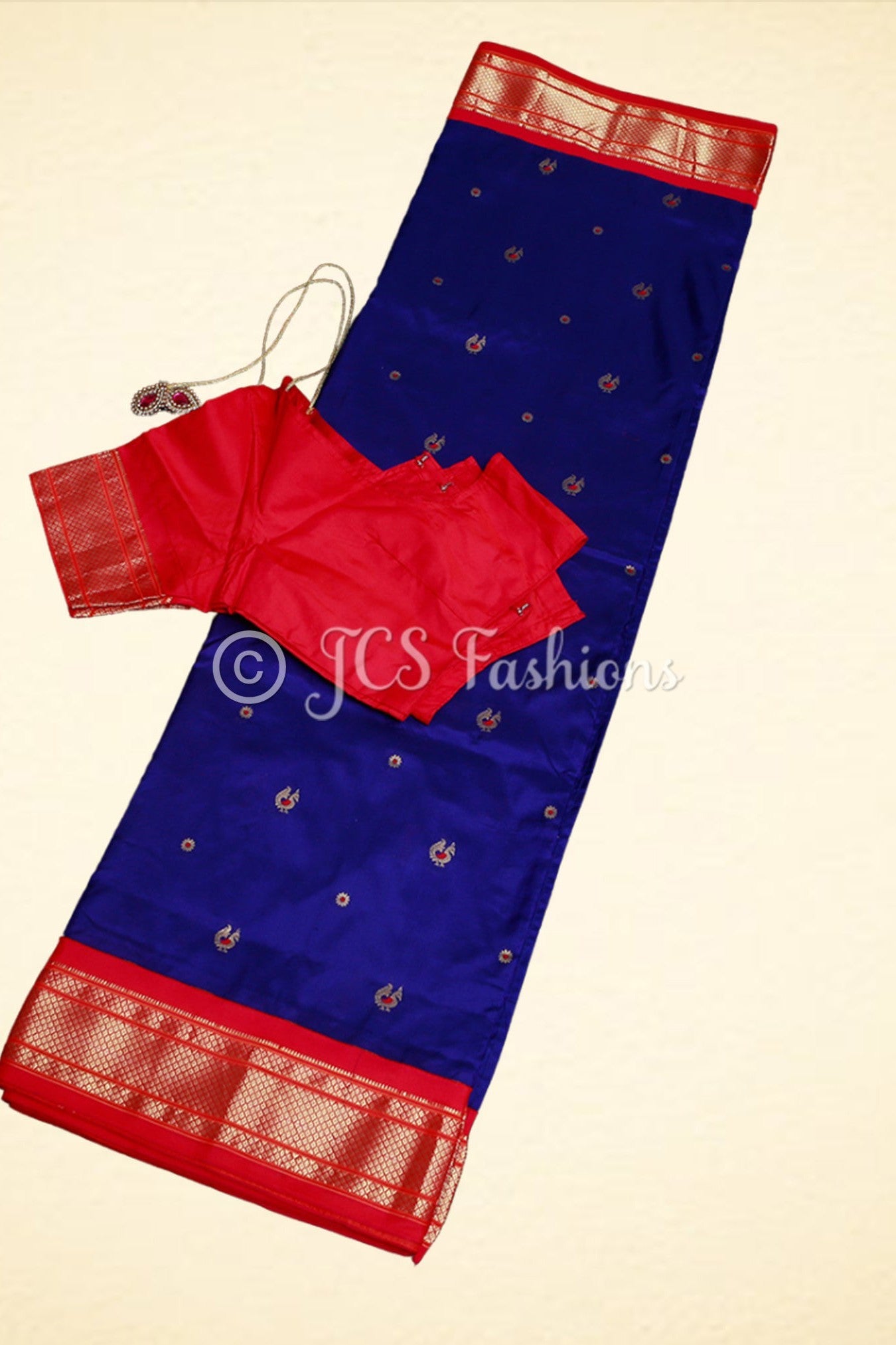 Yeola Paithani Silk Saree, Purple and Red, Fully stitched blouse SAREE JCS Fashions Blue 5.5 meters