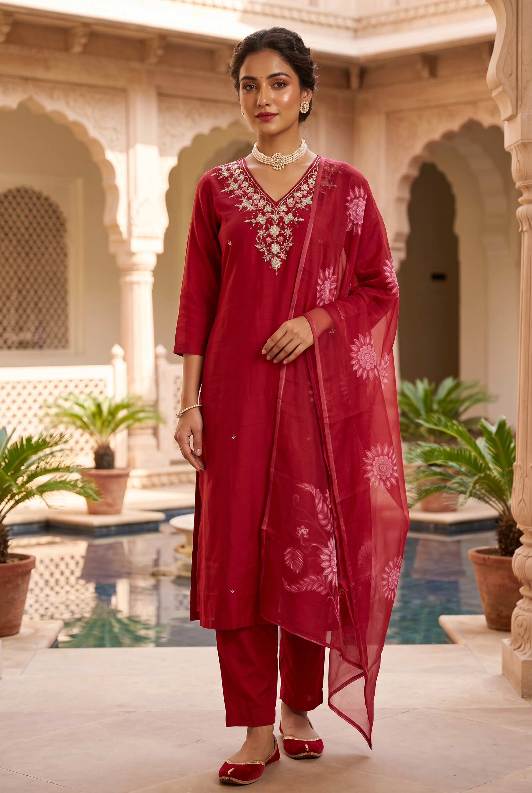 Maroon silk 3-piece salwar suit with aari mirror and pearl work for Diwali 2026